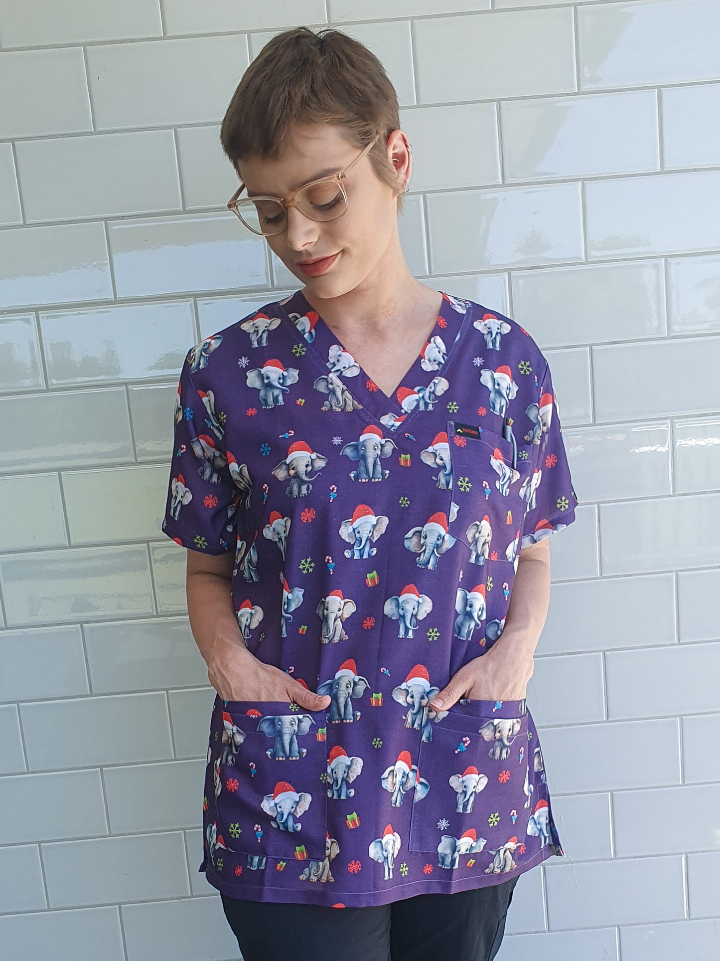Elephant Printed Christmas Scrub Top Australia