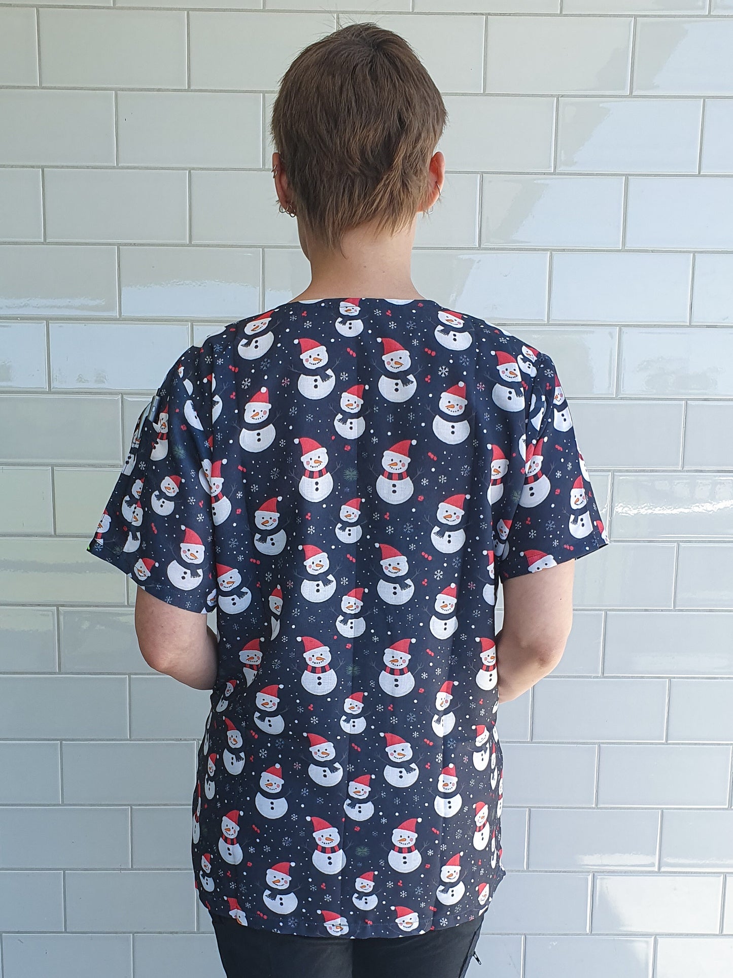 Snowman Black Christmas Printed Fun Scrub Top Australia