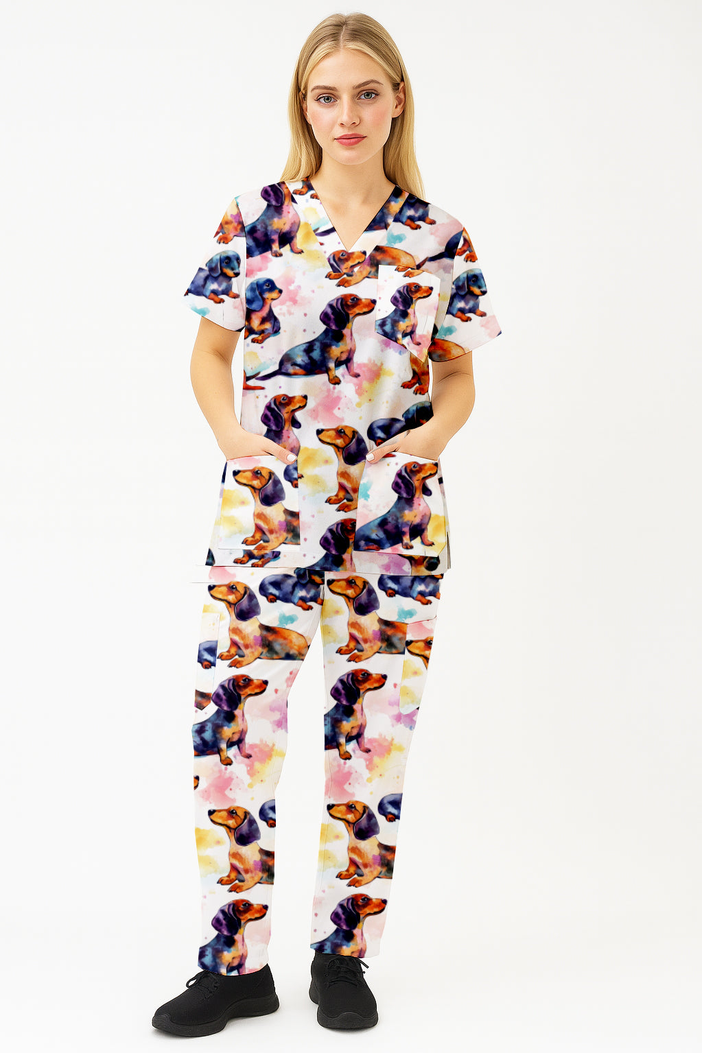 Dachshund Watercolour Printed Fun Scrub Set Australia