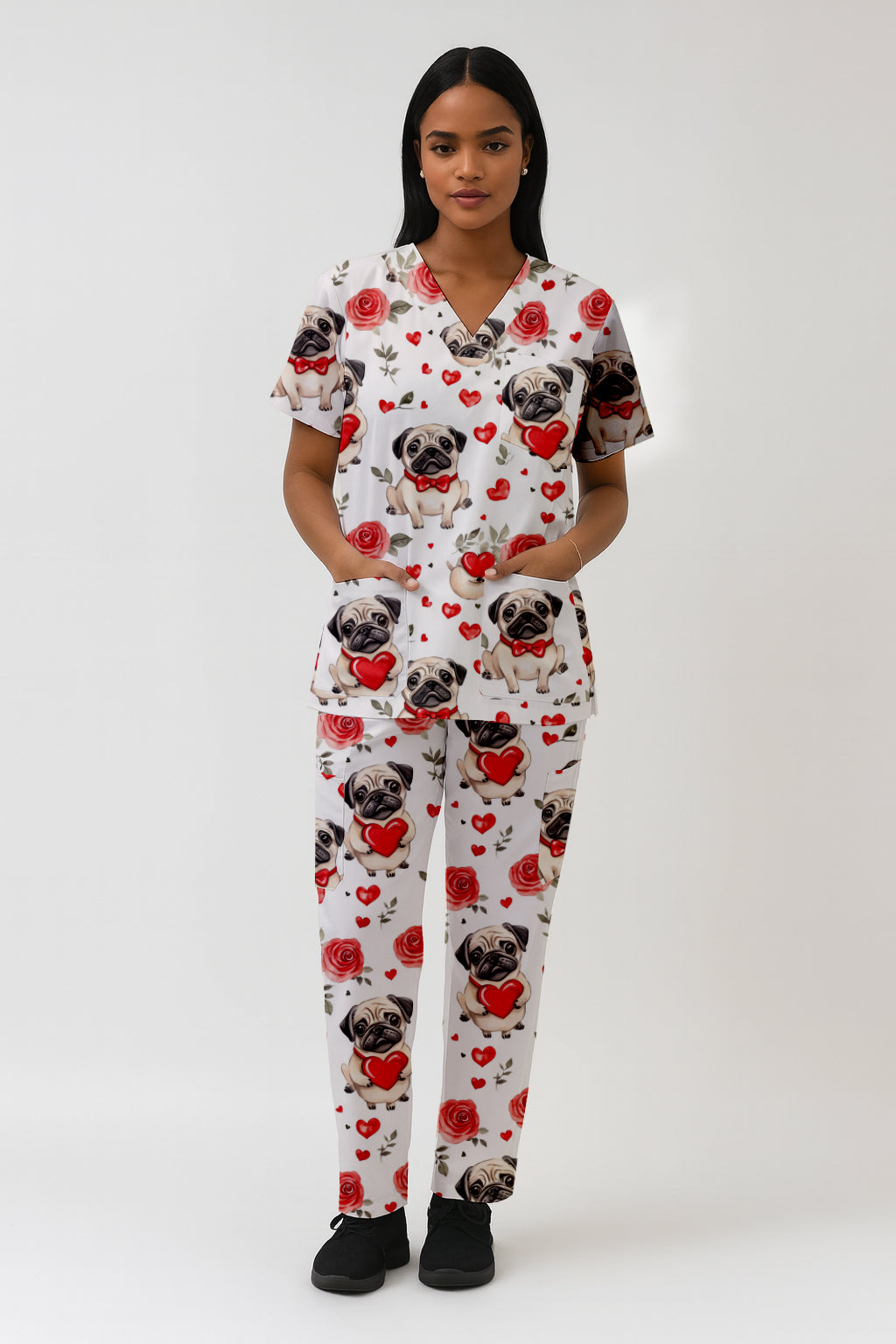 Pug Heart Valantine Printed Fun Scrub Set Australia