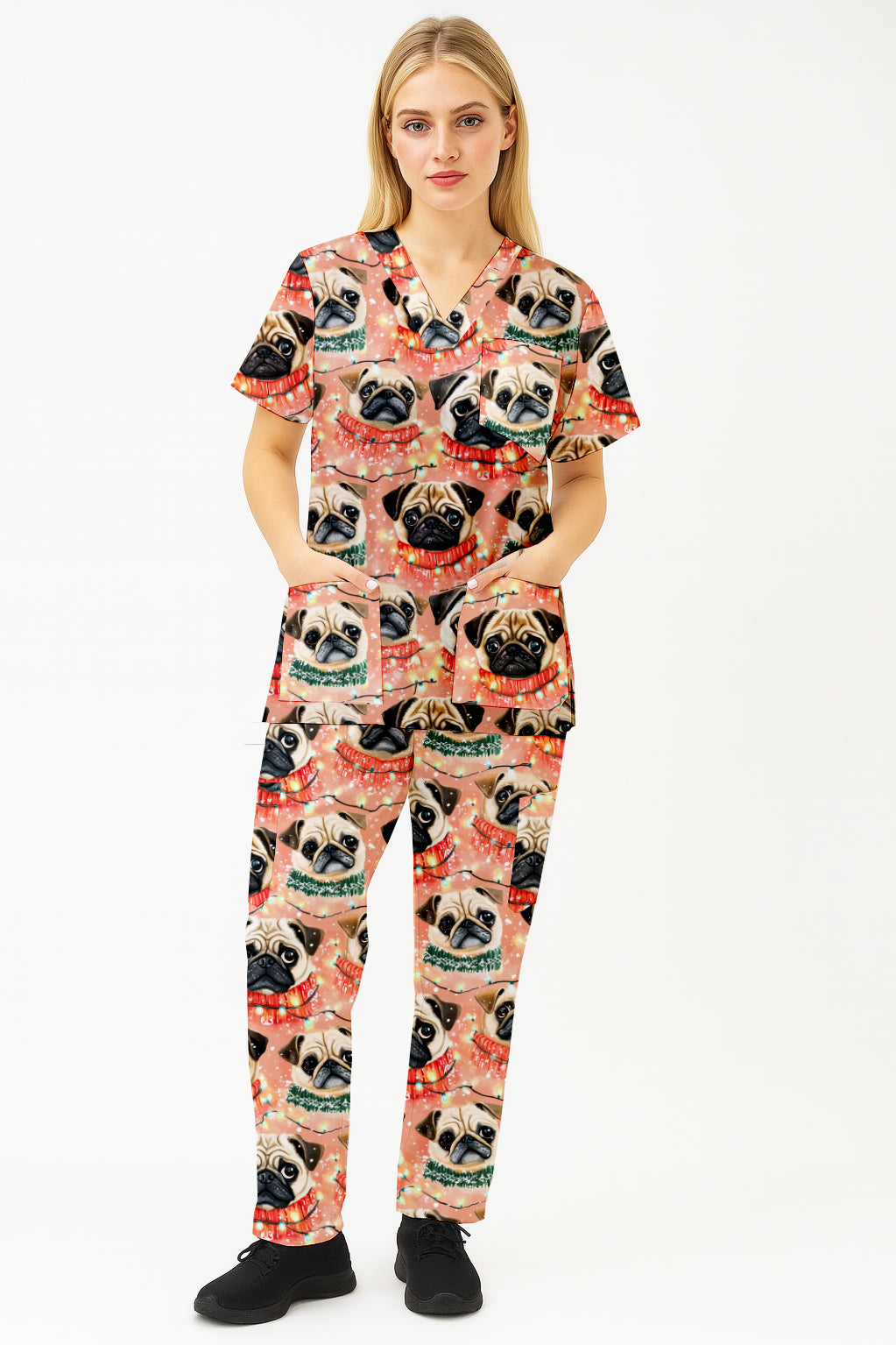 Christmas Pug with Hat Printed Scrub Set