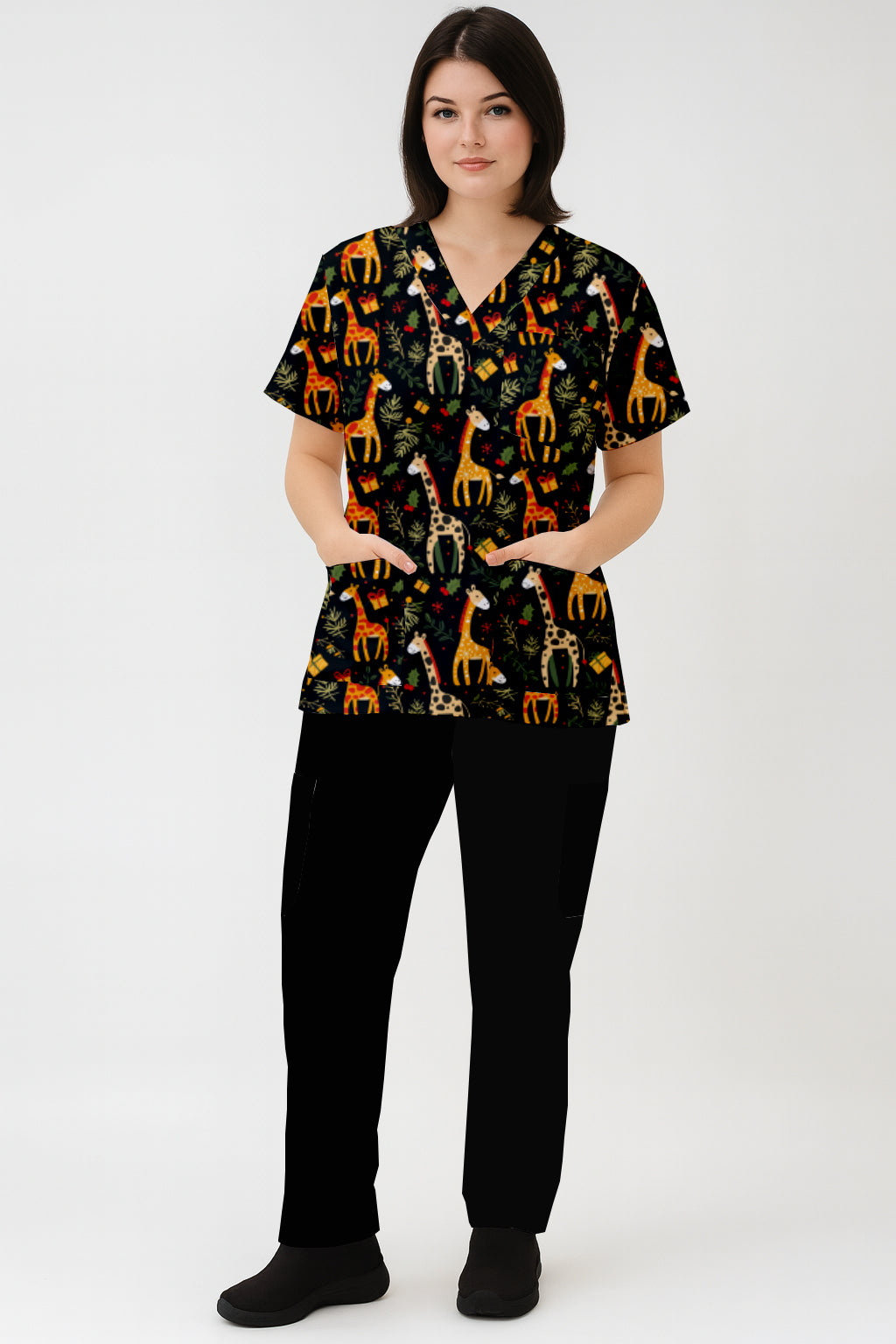 Giraffe Christmas Printed Fun Scrub Top Australia