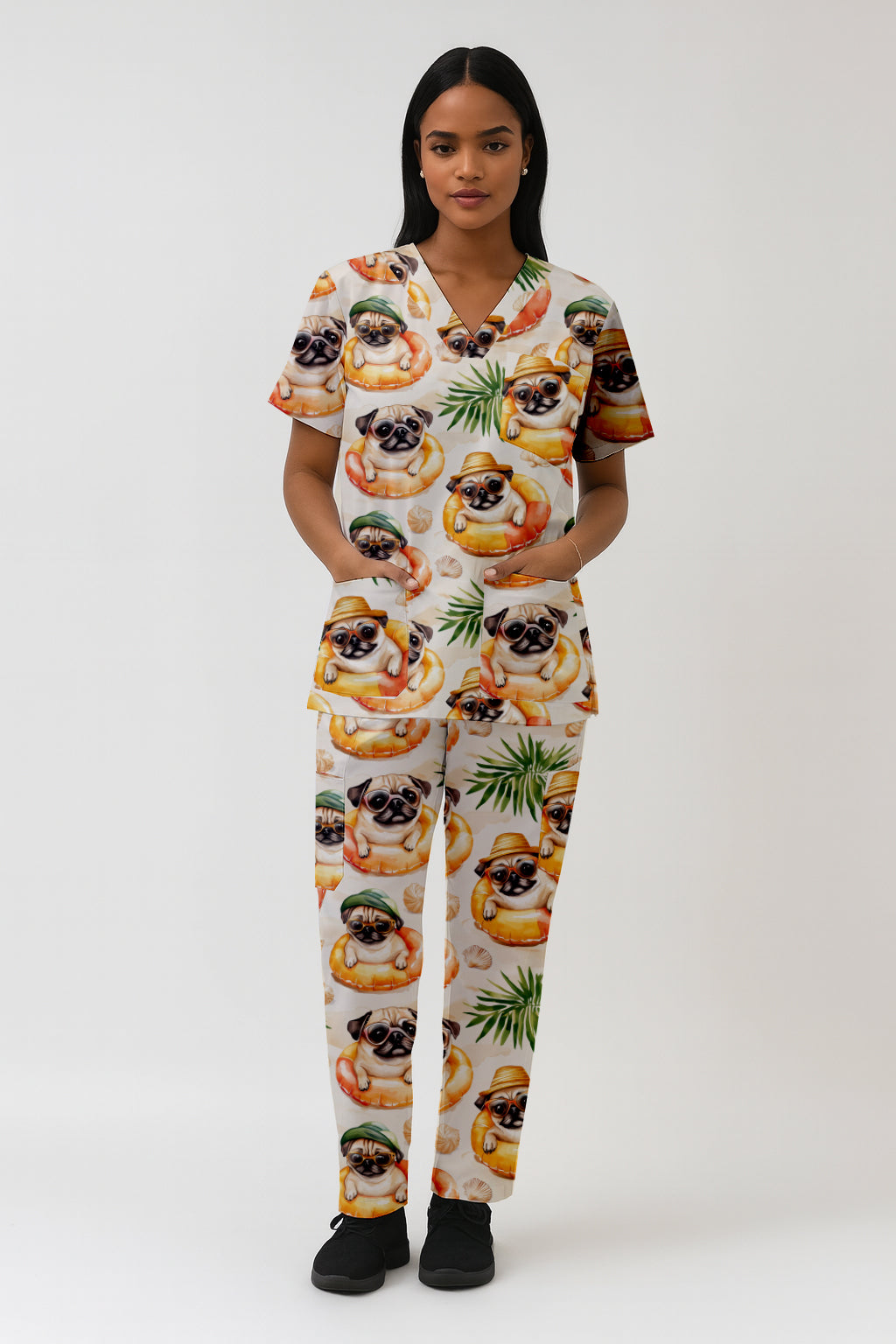 Pug Chilliing At Beach Printed Scrub Set Australia