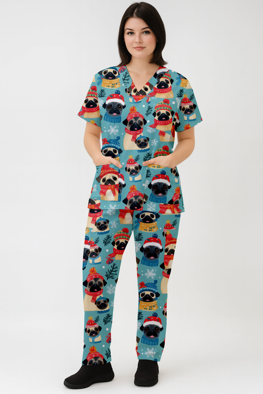 Fun Christmas Pug with Hat Printed Scrub Set
