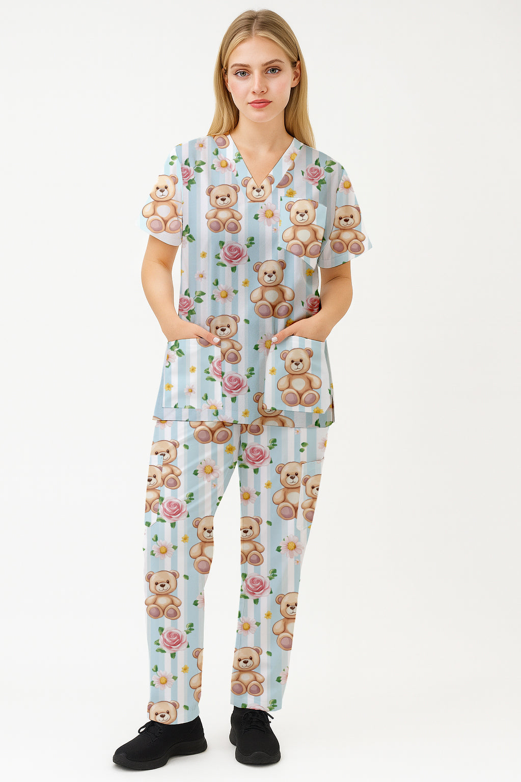 Cute Teddy FLower Printed Scrub Set