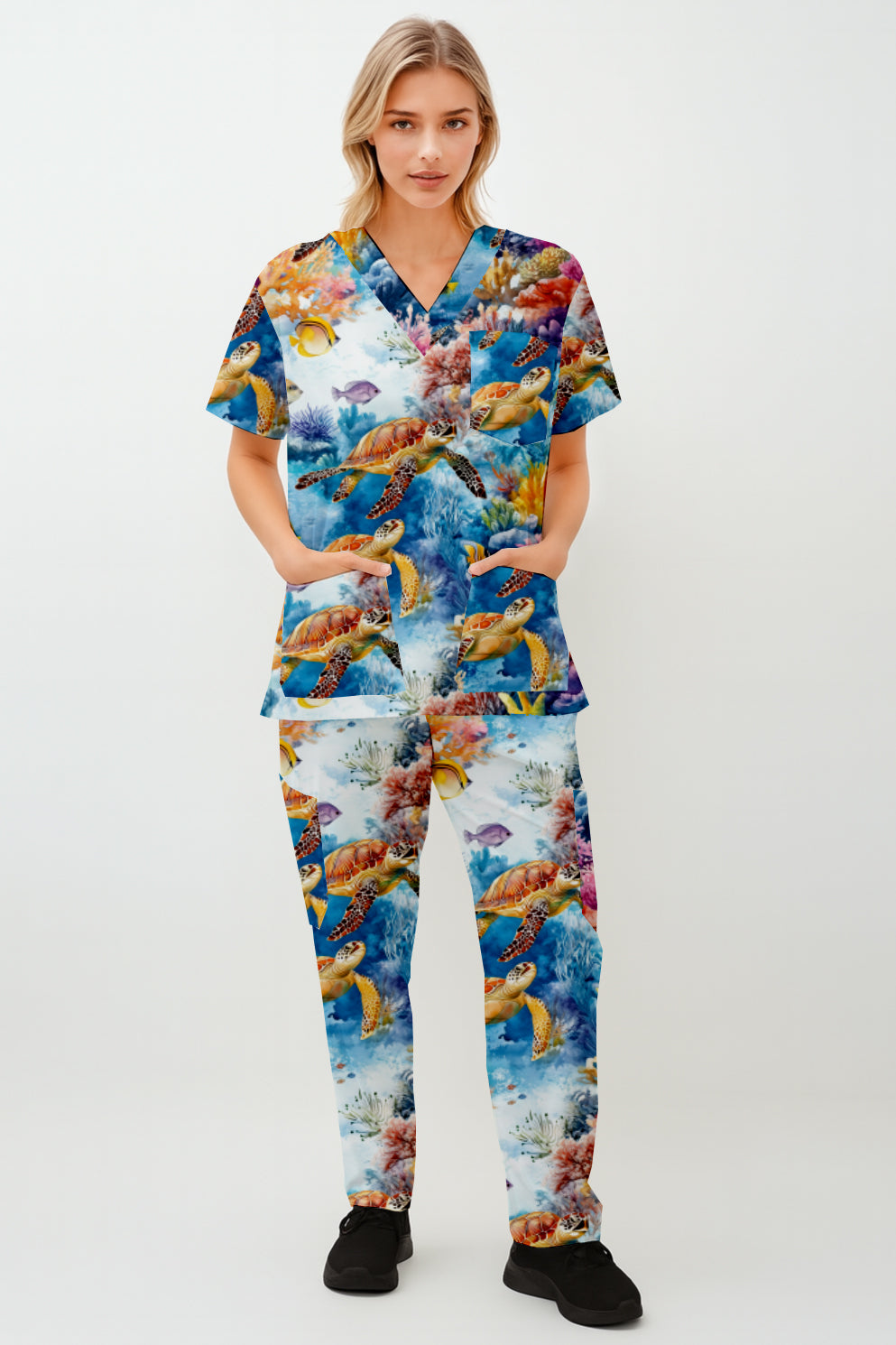 Turtles , Fish , Ocean floor Printed Fun Scrub Set Australia