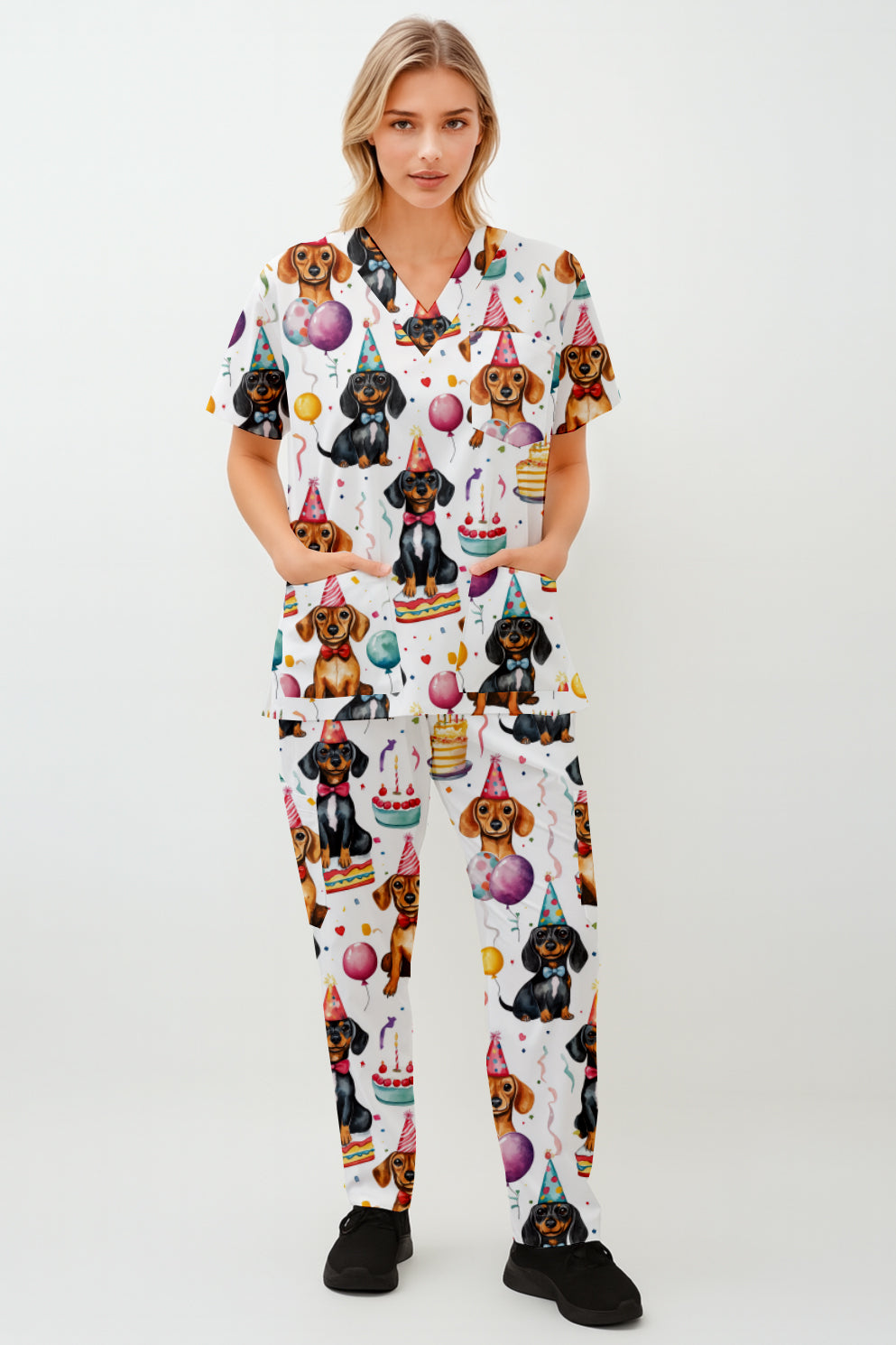 Dachshund Partying Printed Fun Scrub Set Australia