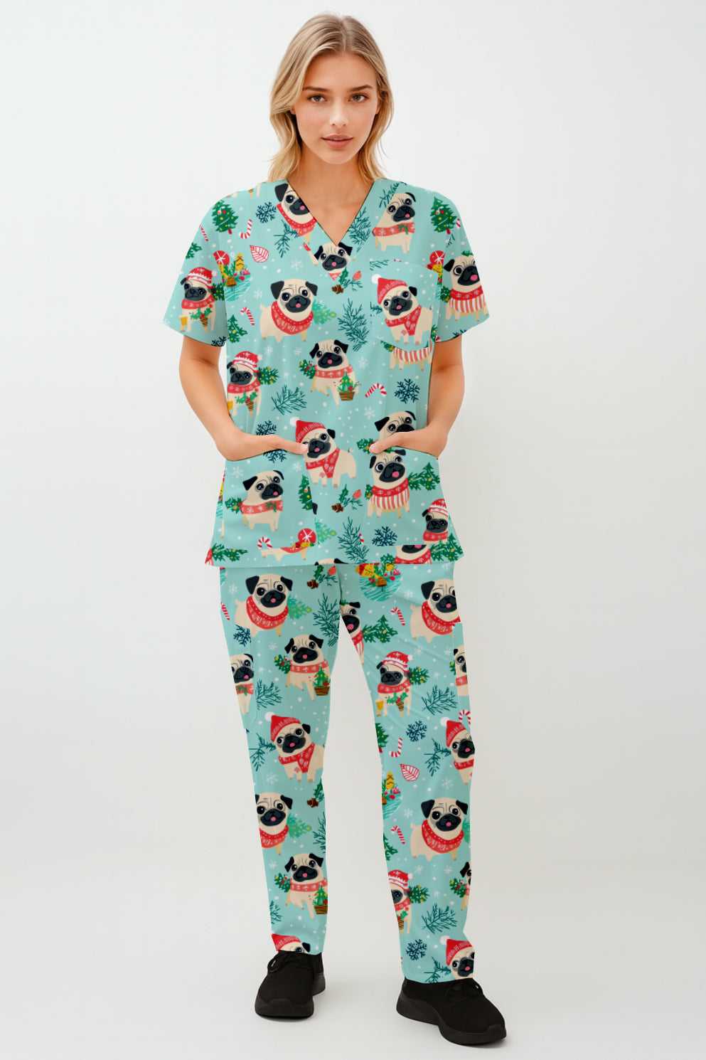 Christmas Pug Printed Scrub Set