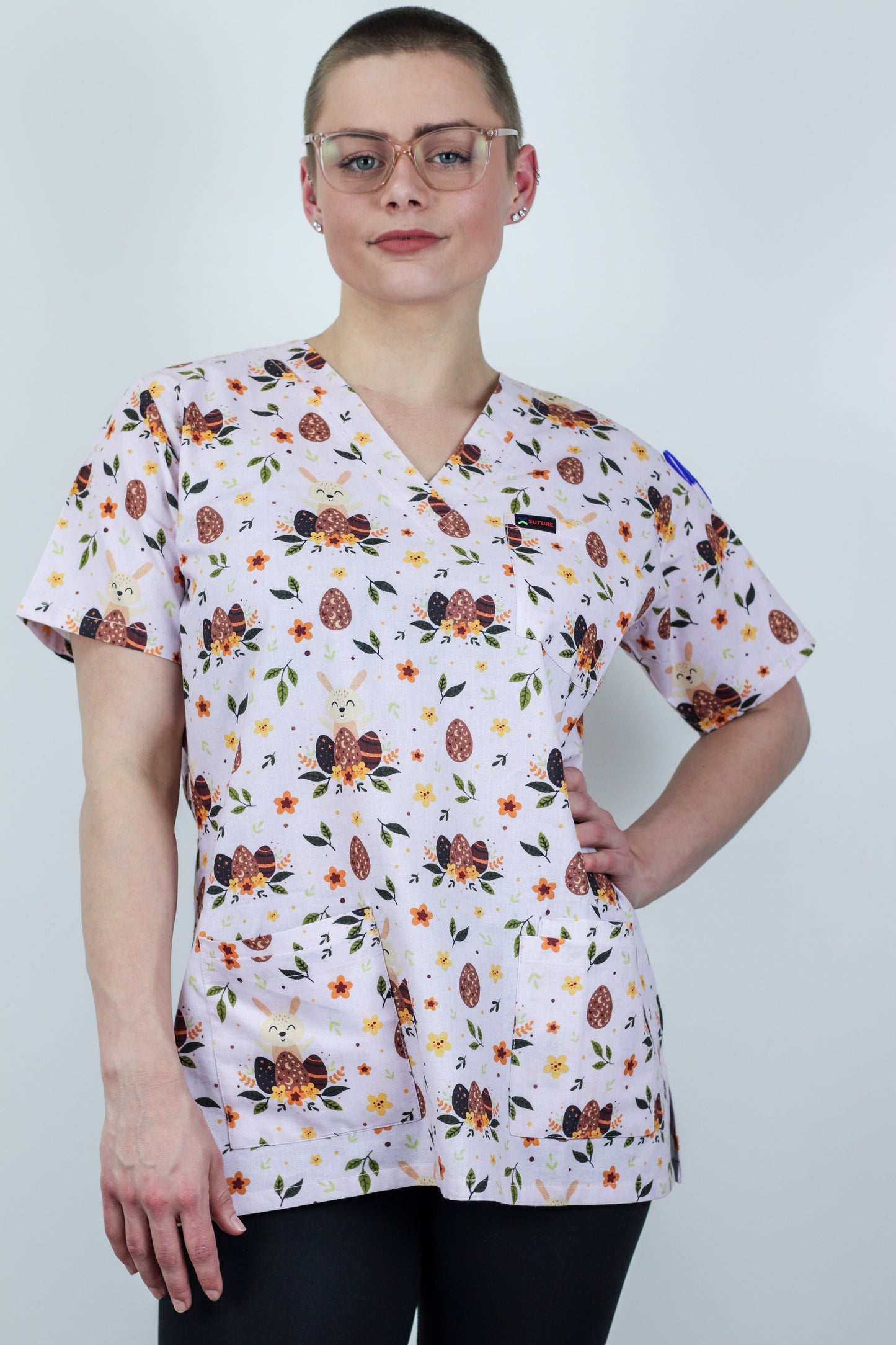 Easter Bunny Easter Egg Printed 100% Cotton Medical Fun Scrub Top Australia Nurses uniform