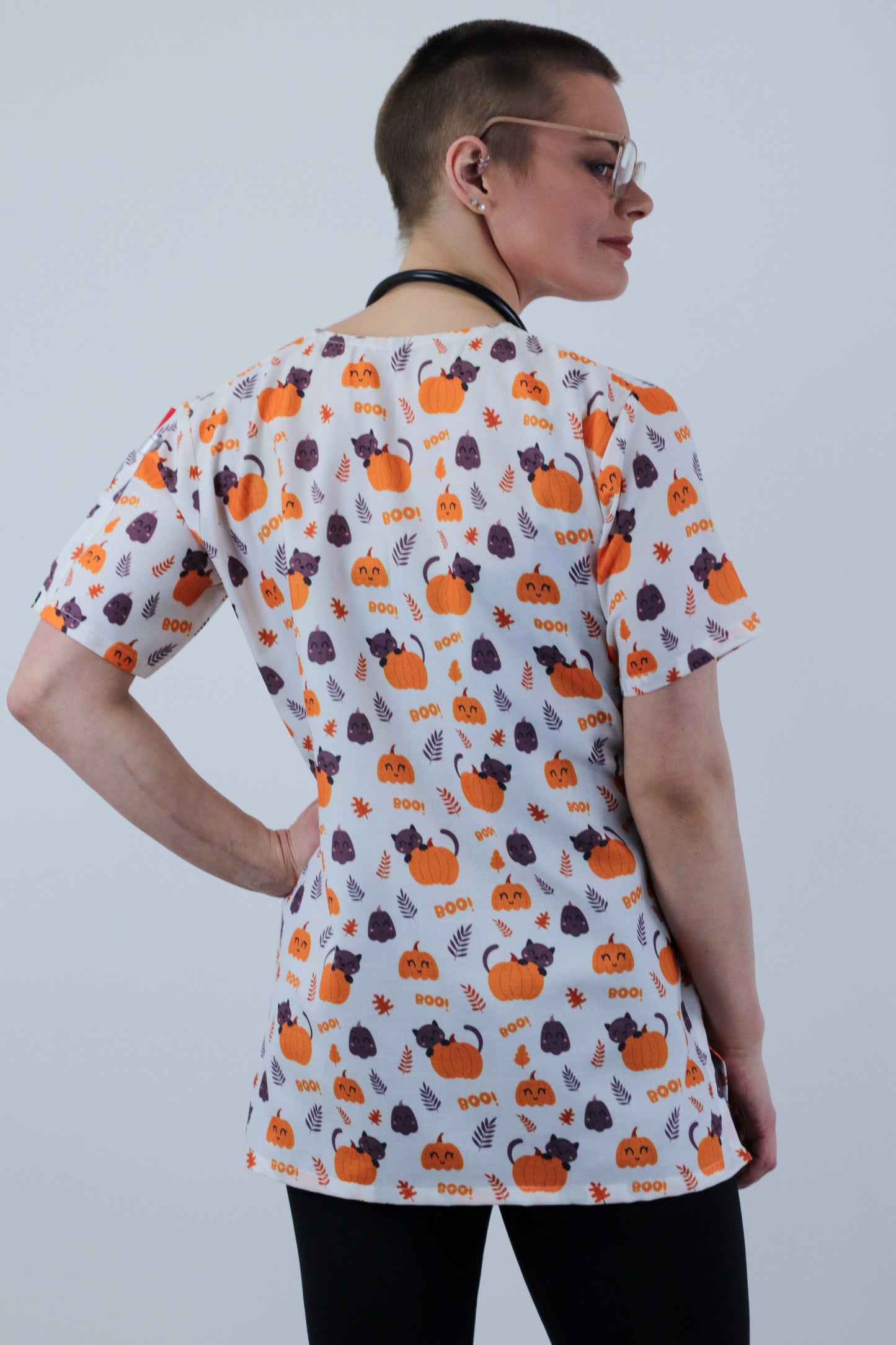 Halloween Pumpkin Cat Printed Scrub Top For Australia Nursing