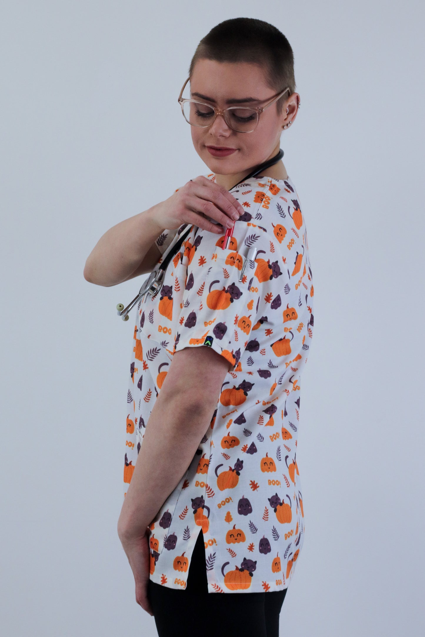 Halloween Pumpkin Cat Printed Scrub Top For Australia Nursing