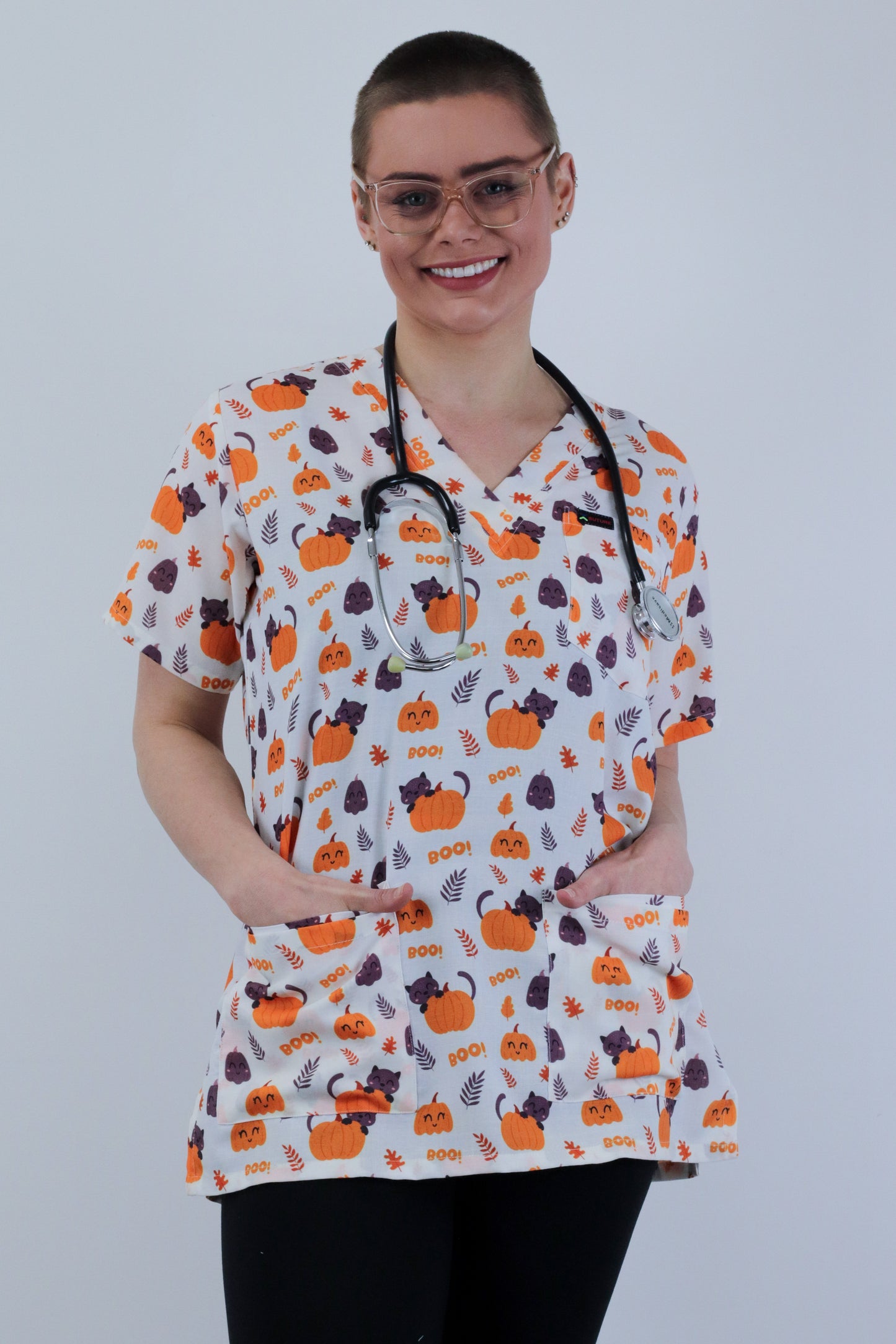 Halloween Pumpkin Cat Printed Scrub Top For Australia Nursing