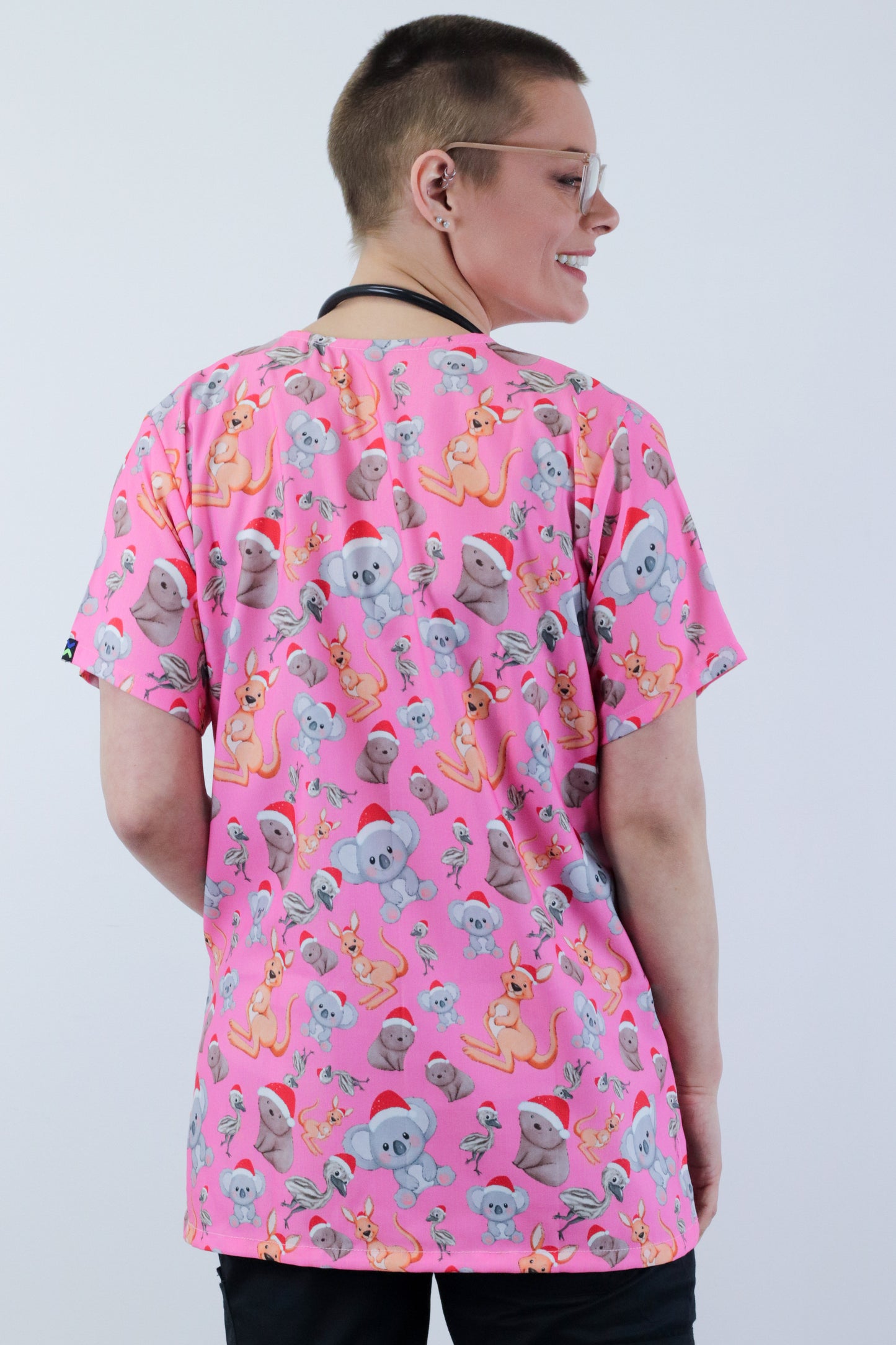 kangaroo,koala, emu and wombat Printed Pink Christmas Scrub Top Australia