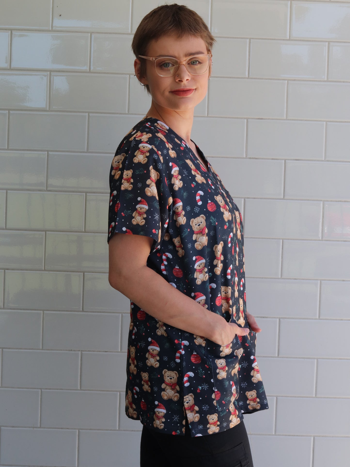 Christmas Teddy Bear Printed Fun Scrub Top Australia