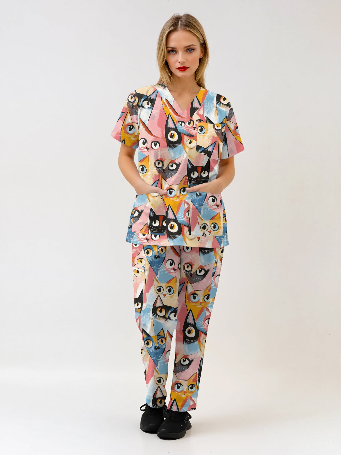Colourful Cat Printed Scrub Set , Top and Pants 100% Cotton