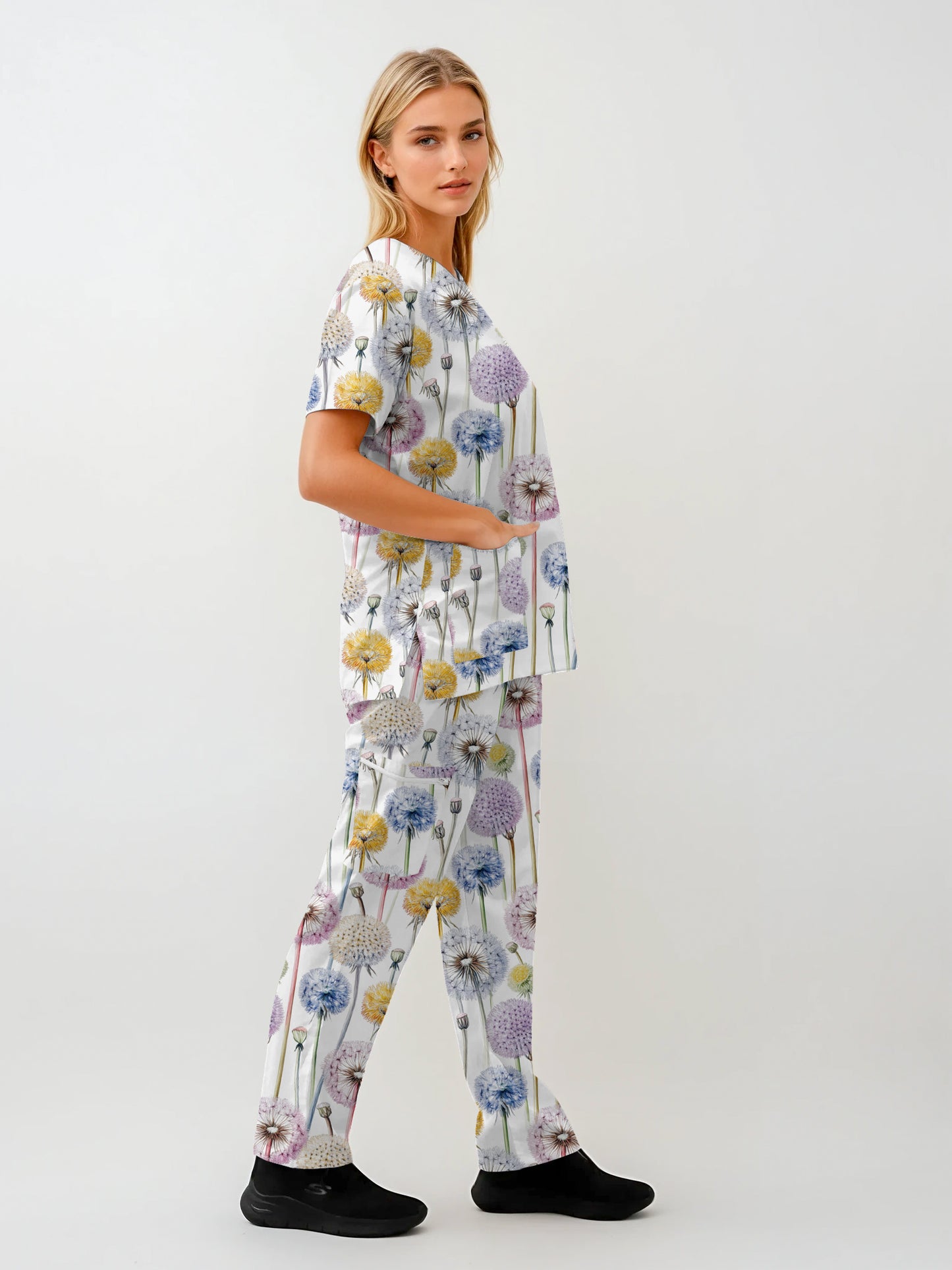Dandelions Print fun Scrub Set , Top and Pants 100% Cotton