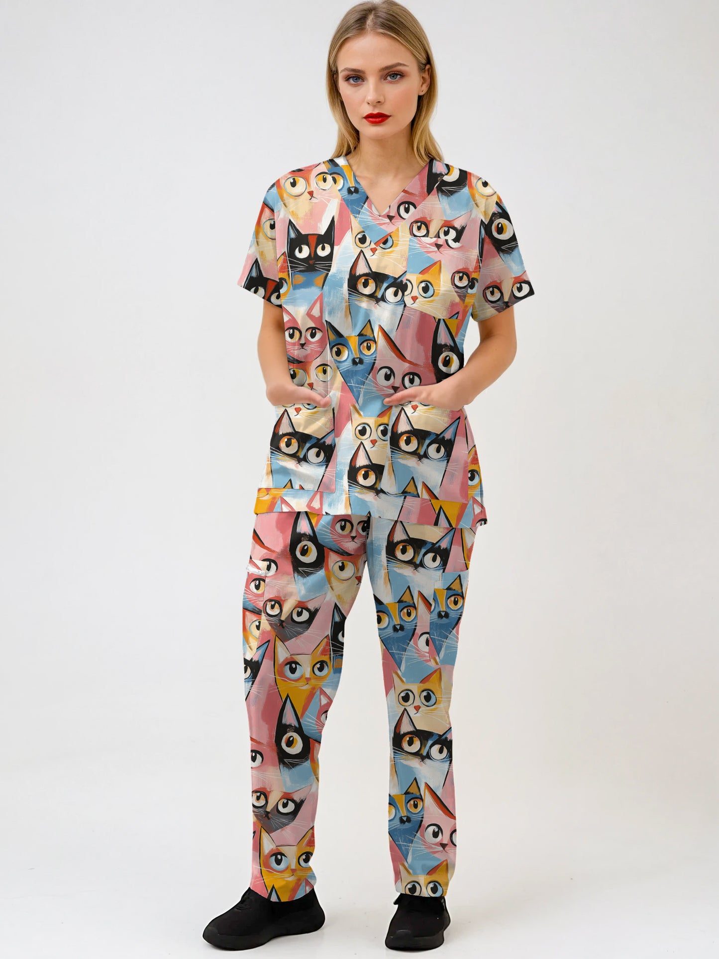 Colourful Cat Printed Scrub Set , Top and Pants 100% Cotton