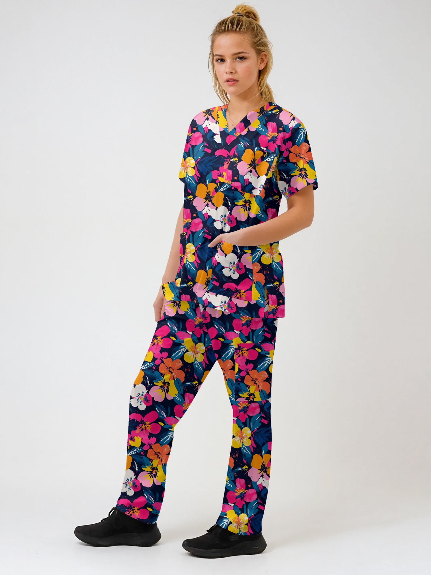 Fun Floral Scrub Set , Top and Pants 100% Cotton