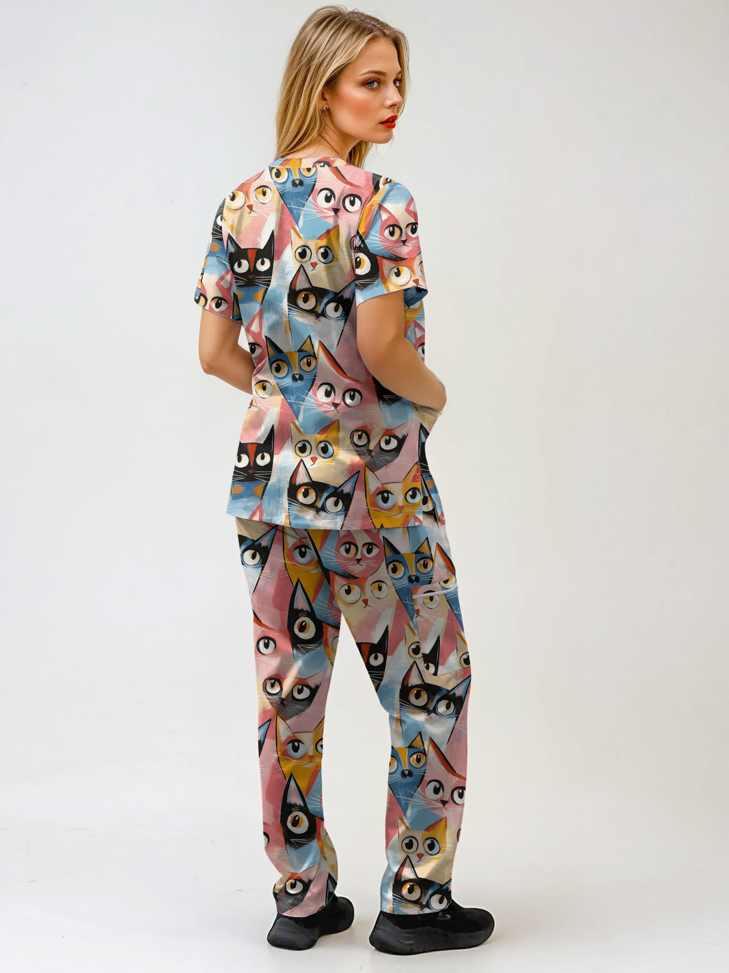 Colourful Cat Printed Scrub Set , Top and Pants 100% Cotton