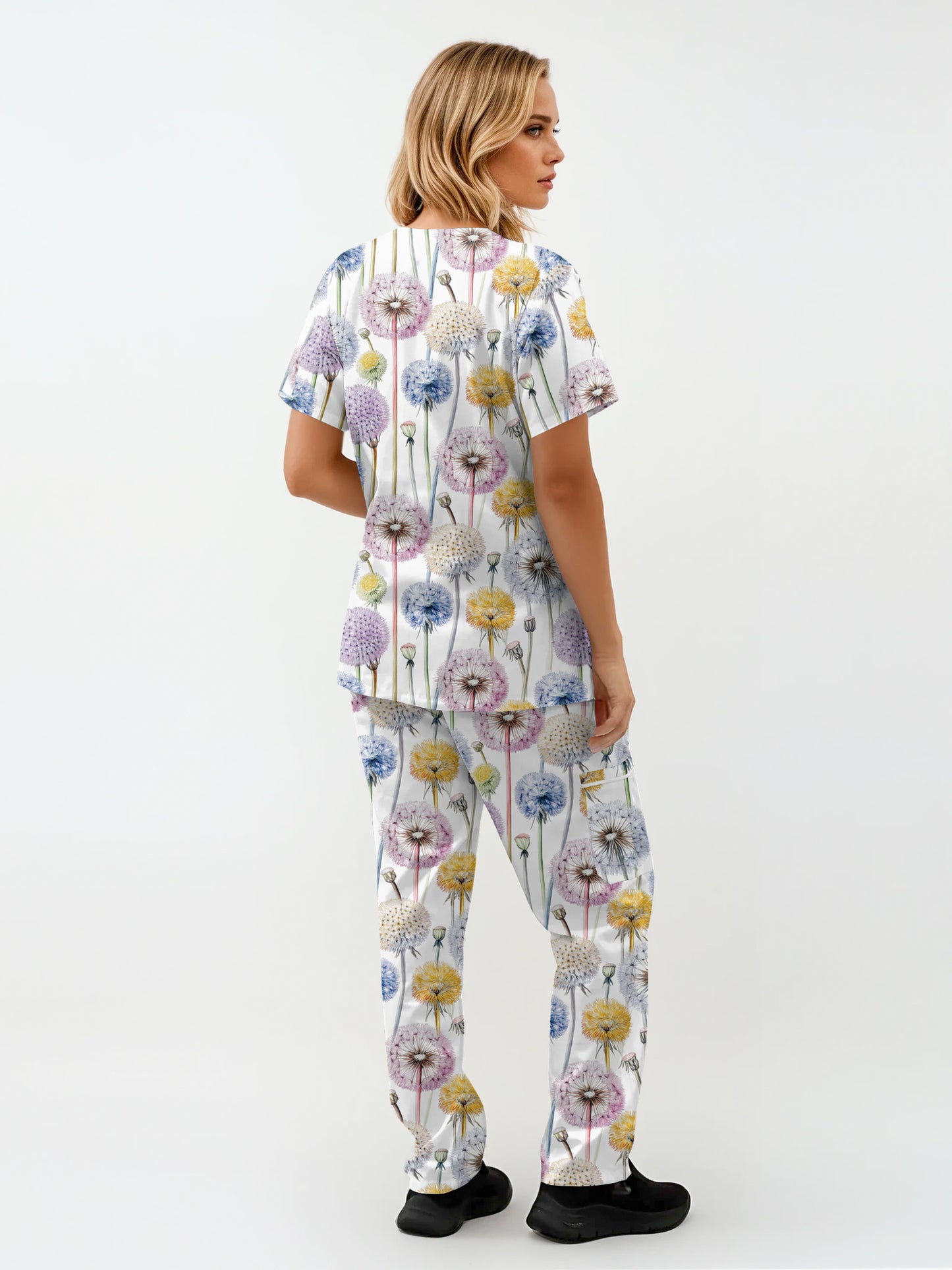 Dandelions Print fun Scrub Set , Top and Pants 100% Cotton