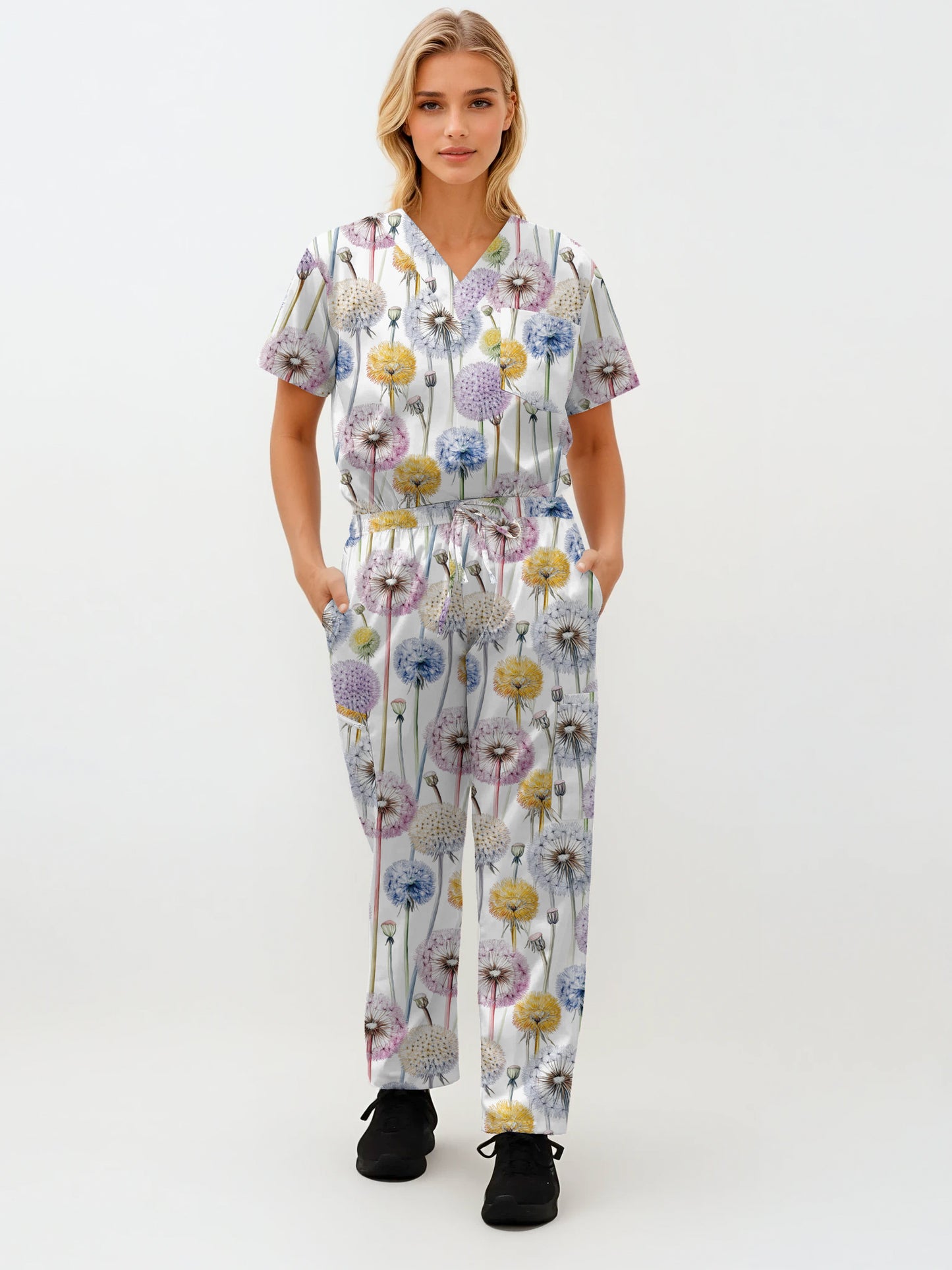 Dandelions Print fun Scrub Set , Top and Pants 100% Cotton