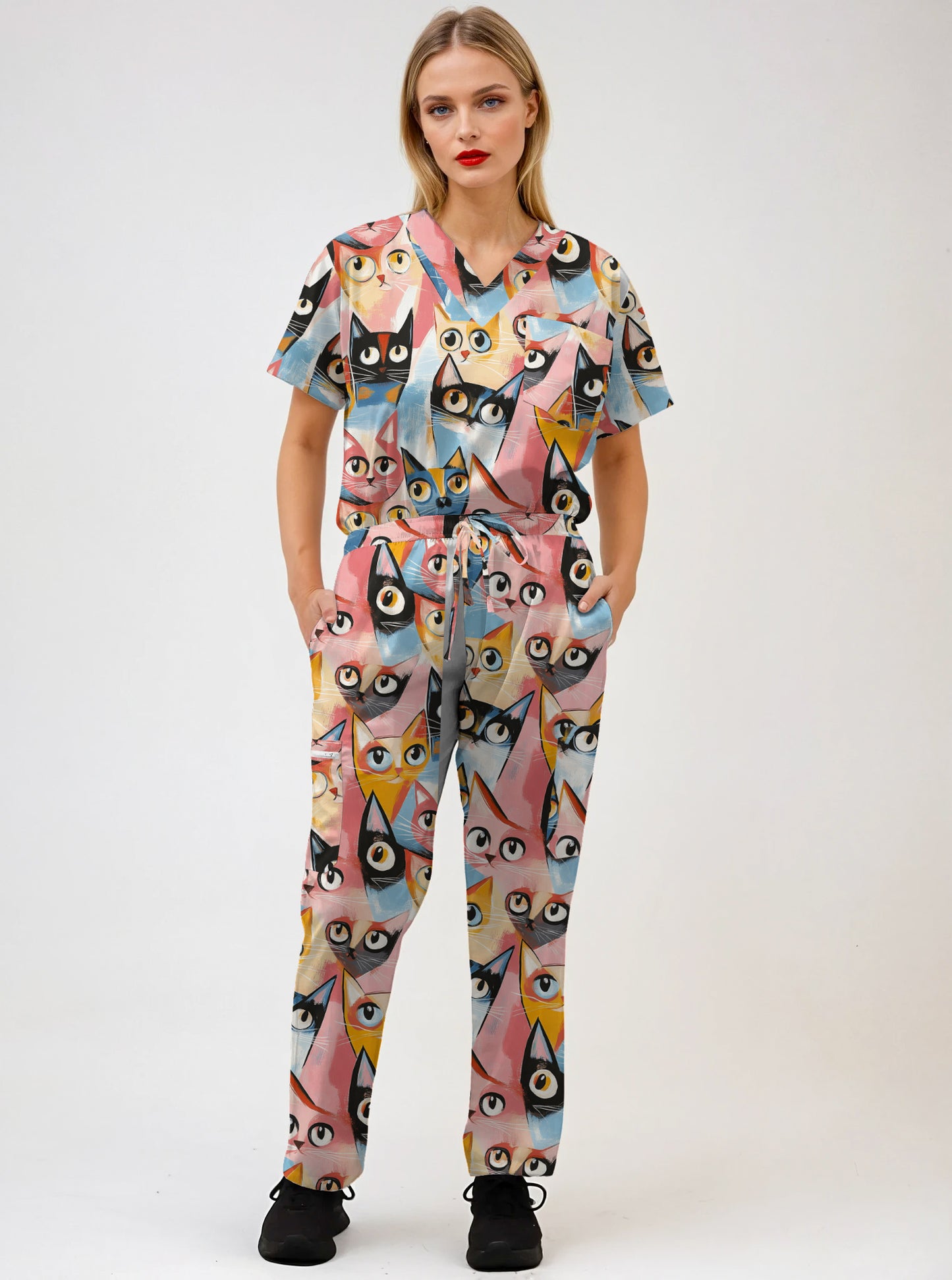 Colourful Cat Printed Scrub Set , Top and Pants 100% Cotton