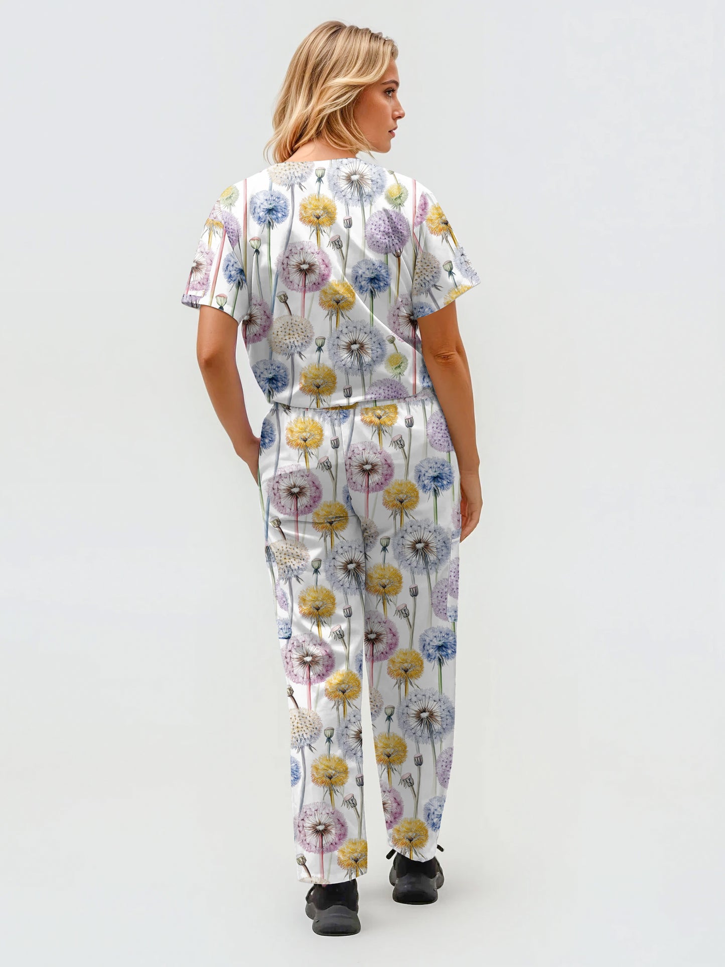 Dandelions Print fun Scrub Set , Top and Pants 100% Cotton