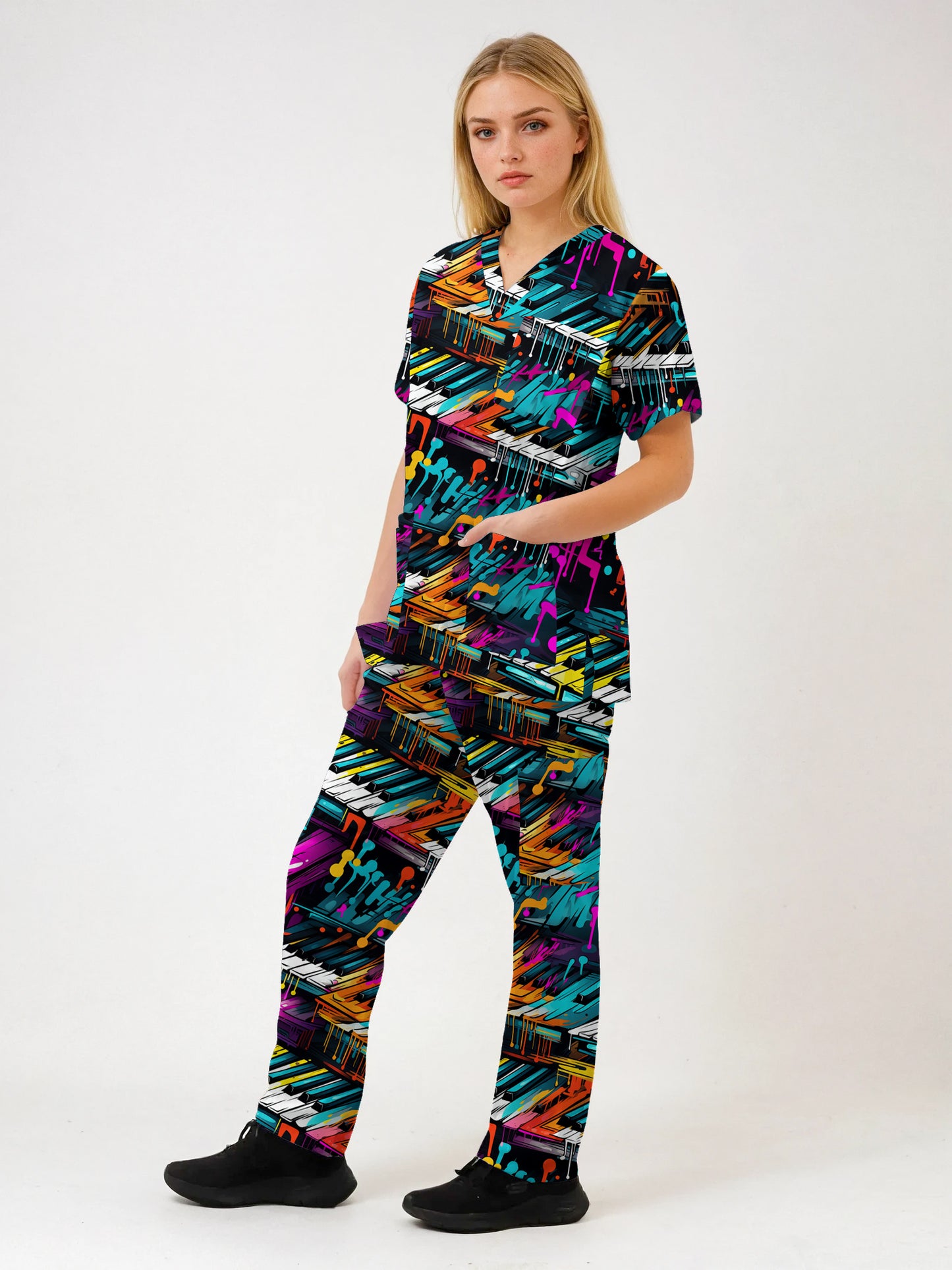 Abtract Piano Music Print fun Scrub Set , Top and Pants 100% Cotton
