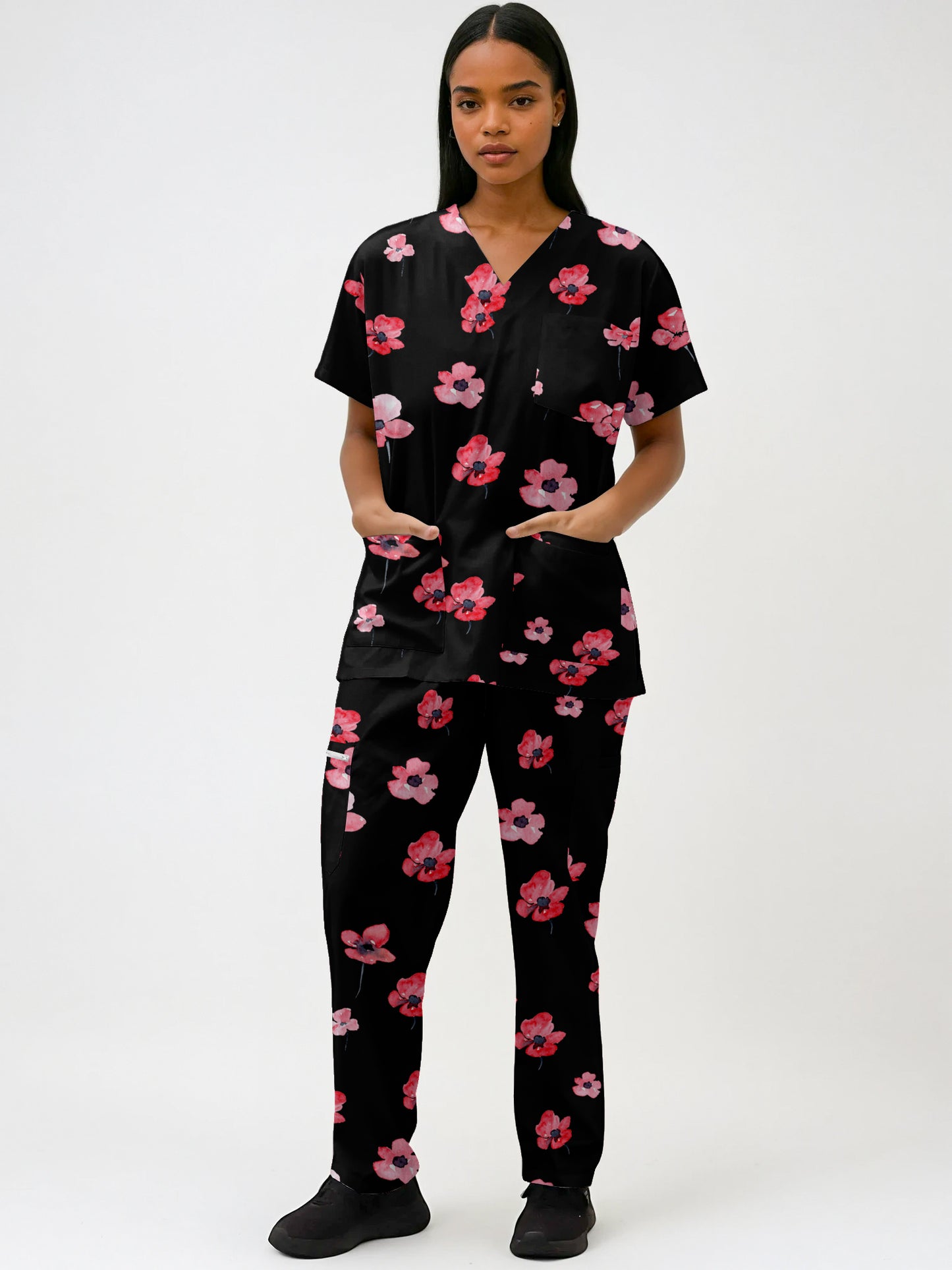 Poppy Flower ANZAC day Print fun Scrub Set , Top and Pants 100% Cotton