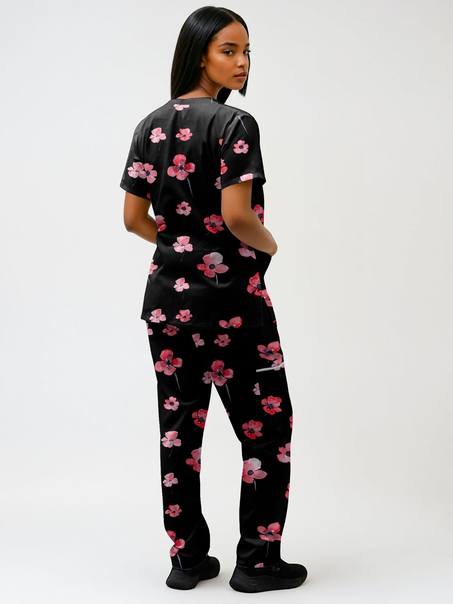 Poppy Flower ANZAC day Print fun Scrub Set , Top and Pants 100% Cotton