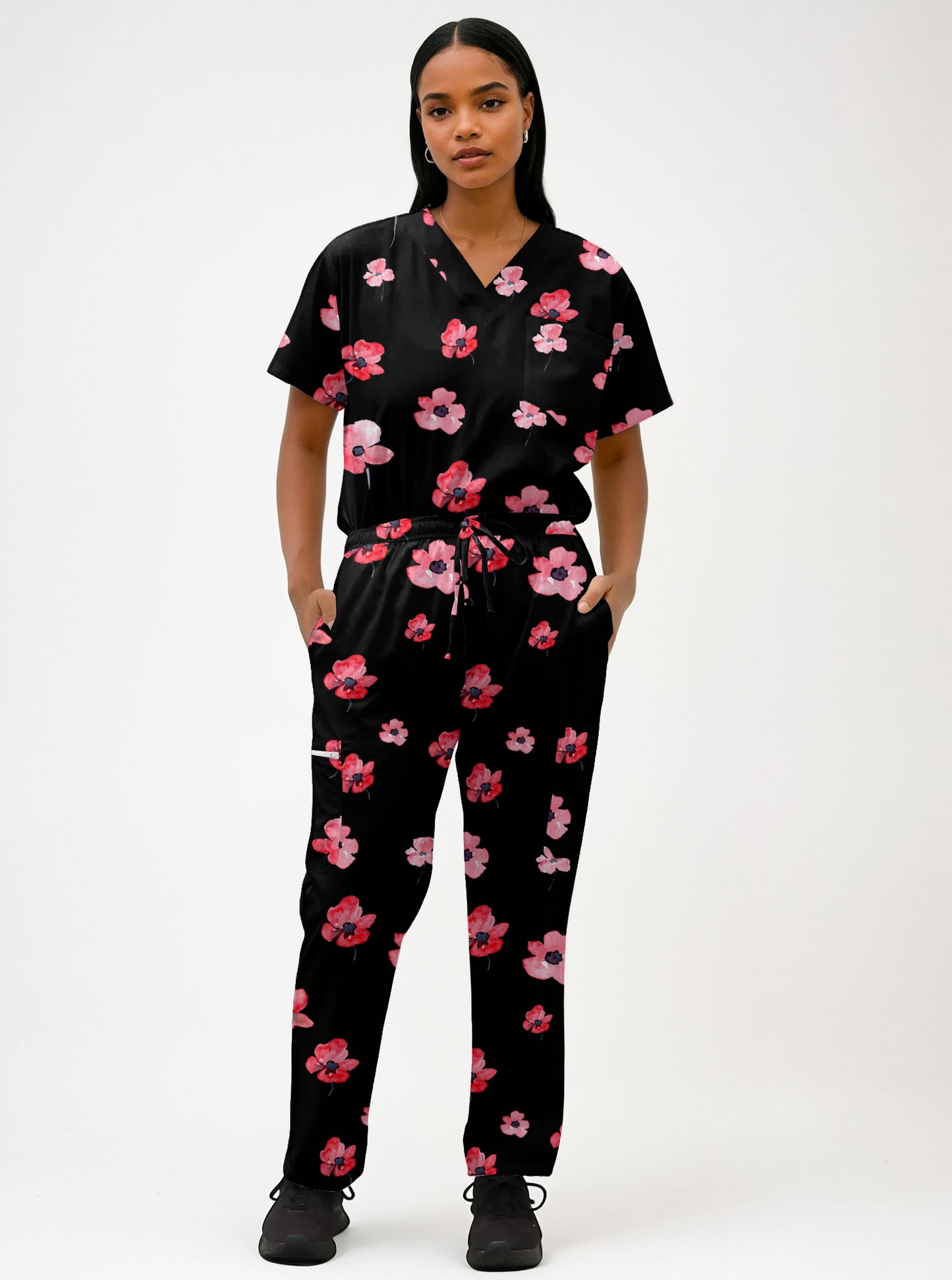 Poppy Flower ANZAC day Print fun Scrub Set , Top and Pants 100% Cotton