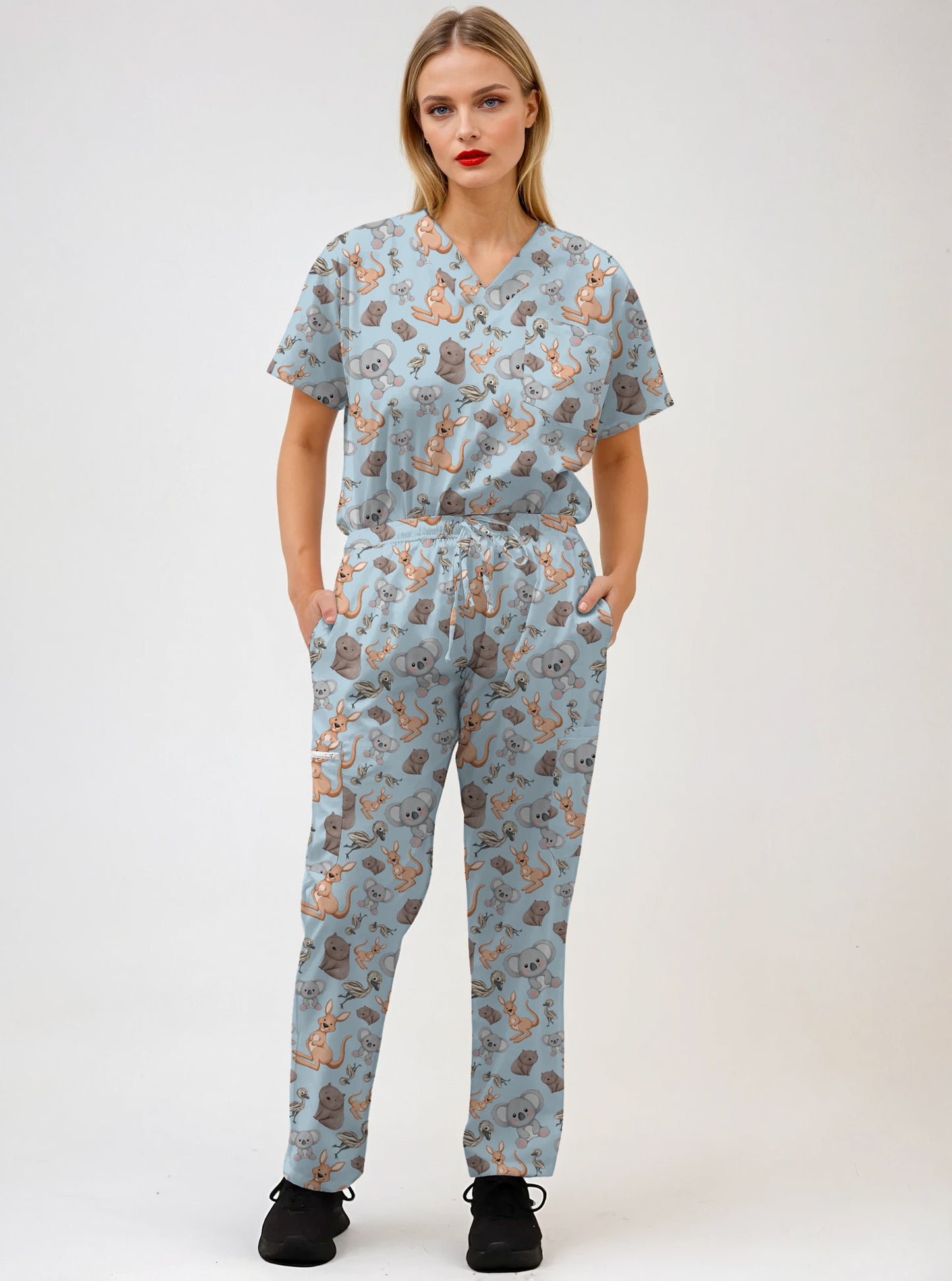 Australian Animal Kangaroo Koala Emu Print Scrub Set Top and Pants