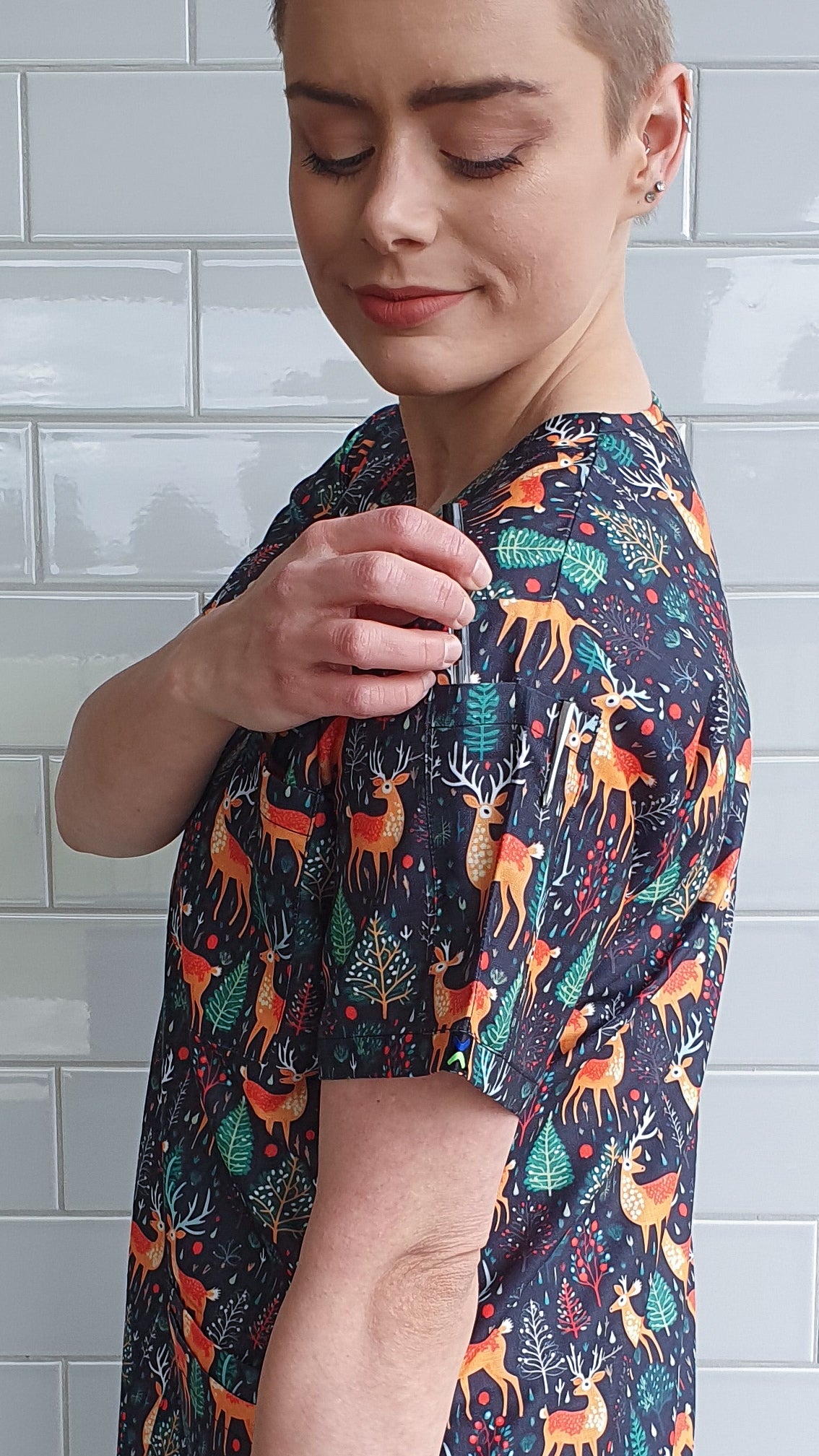 Cute Reindeer Printed Christmas Scrub Top Australia