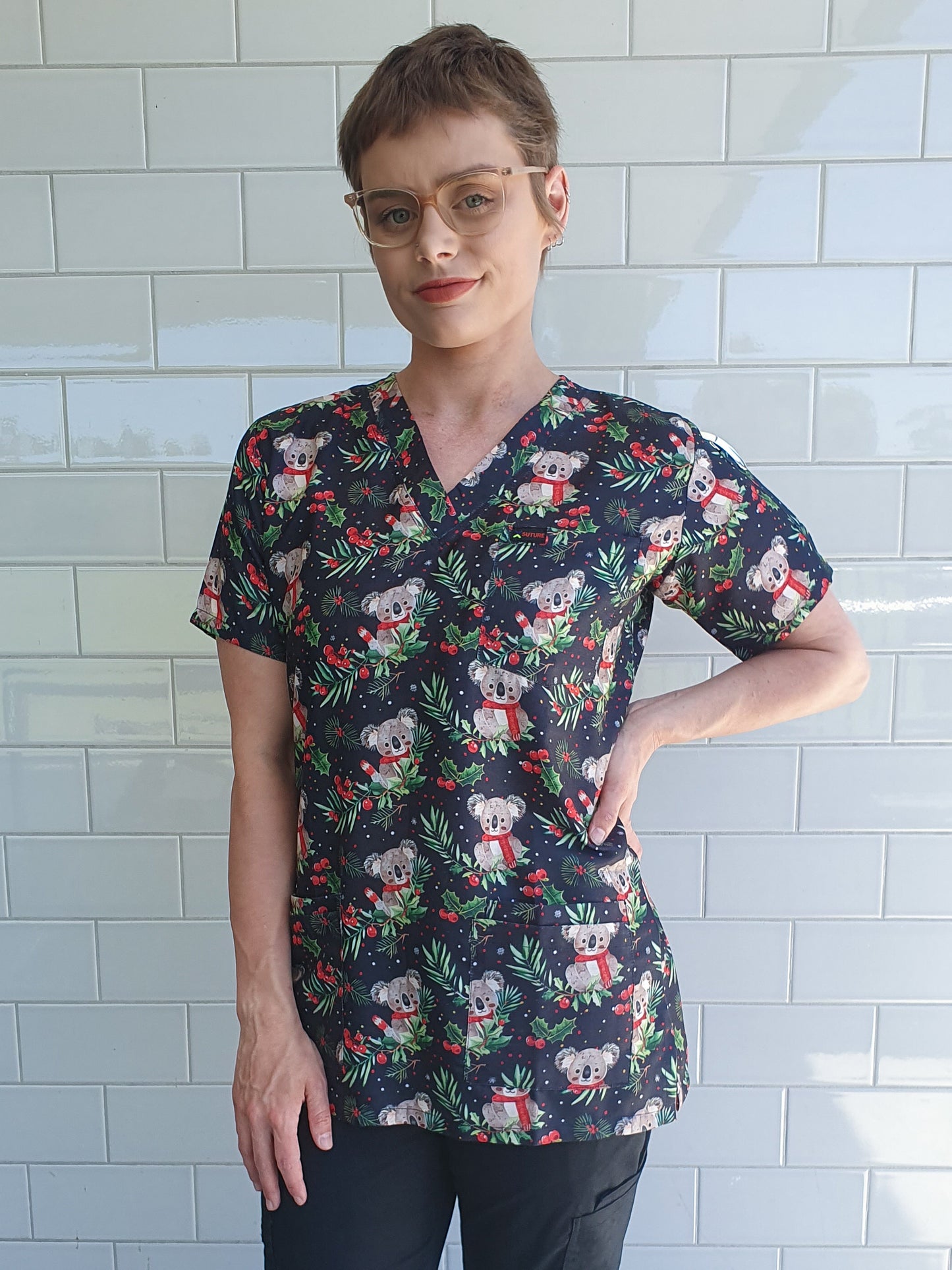 Koala Berry Christmas Printed Fun Scrub Top Australia