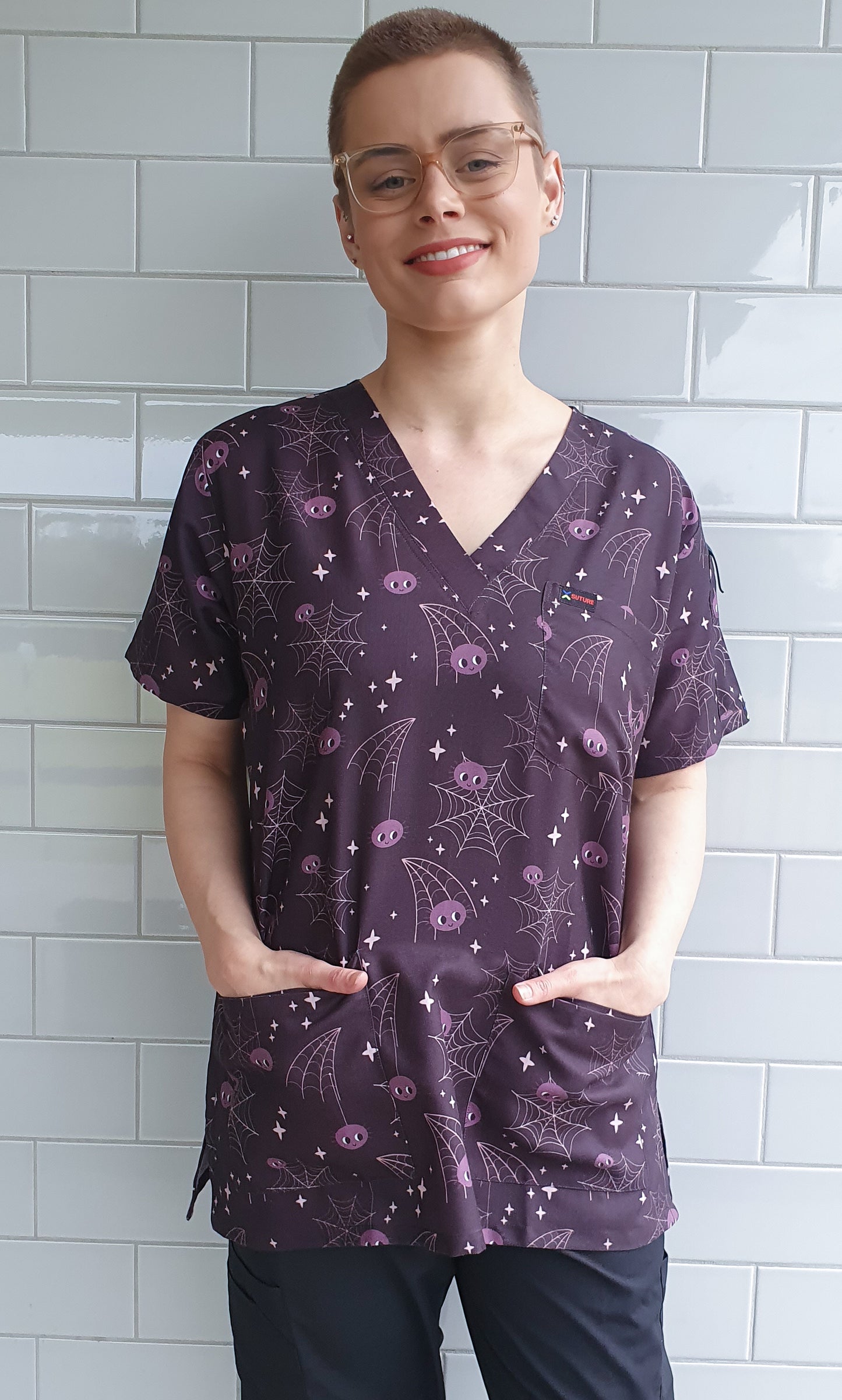 Halloween Printed Scrub Top Spider Web print For Nursing Medical