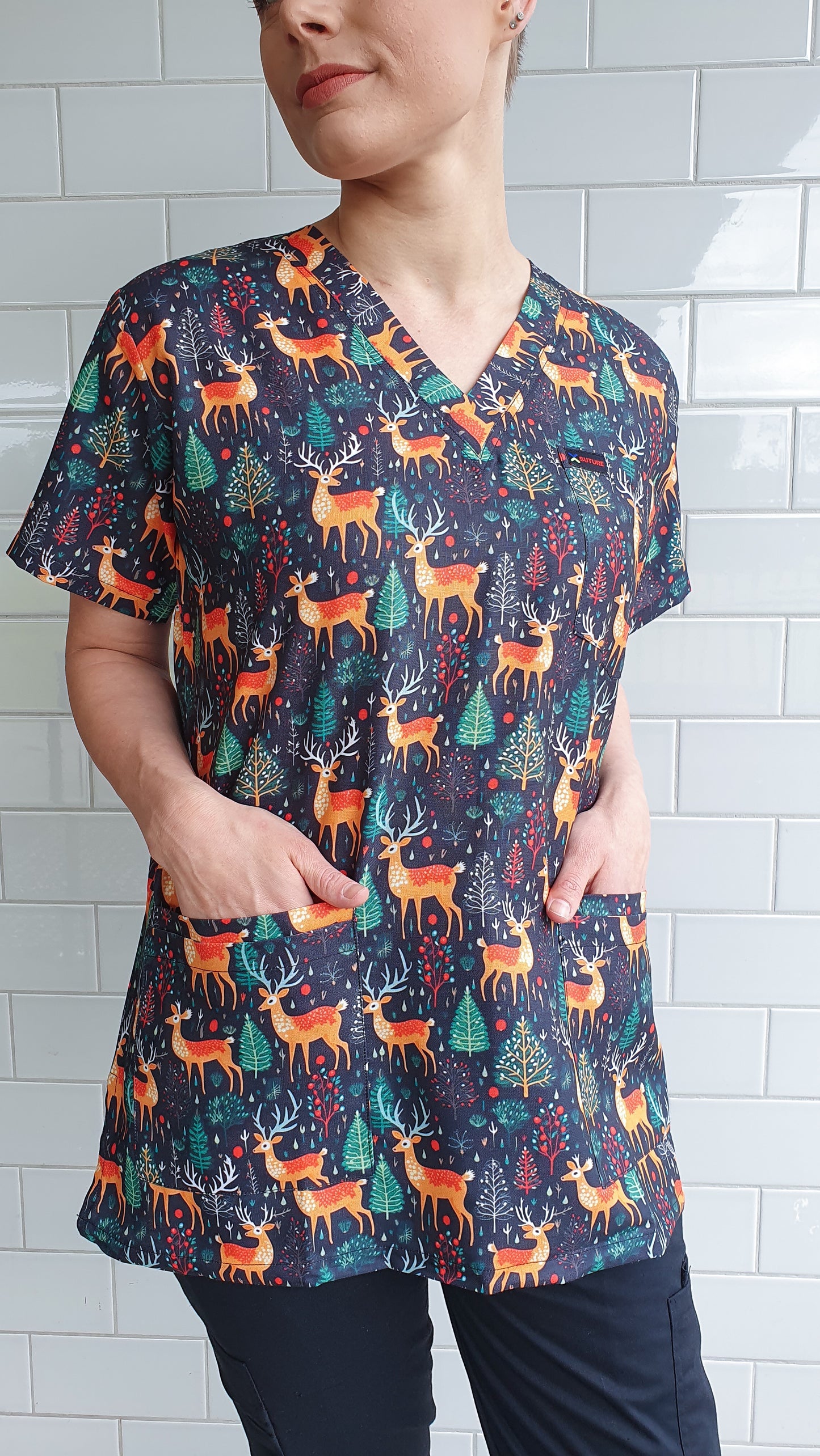 Cute Reindeer Printed Christmas Scrub Top Australia