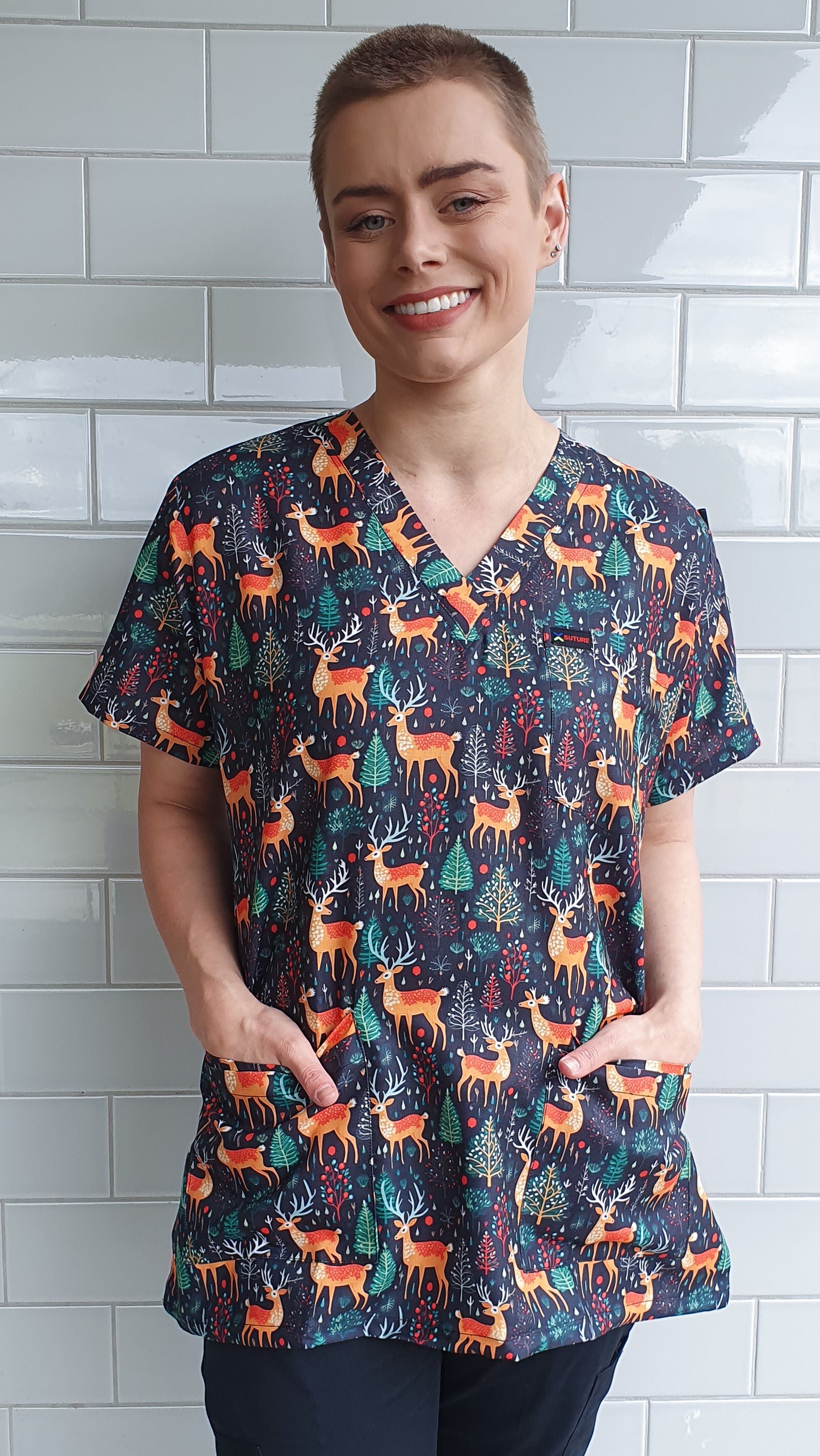 Cute Reindeer Printed Christmas Scrub Top Australia