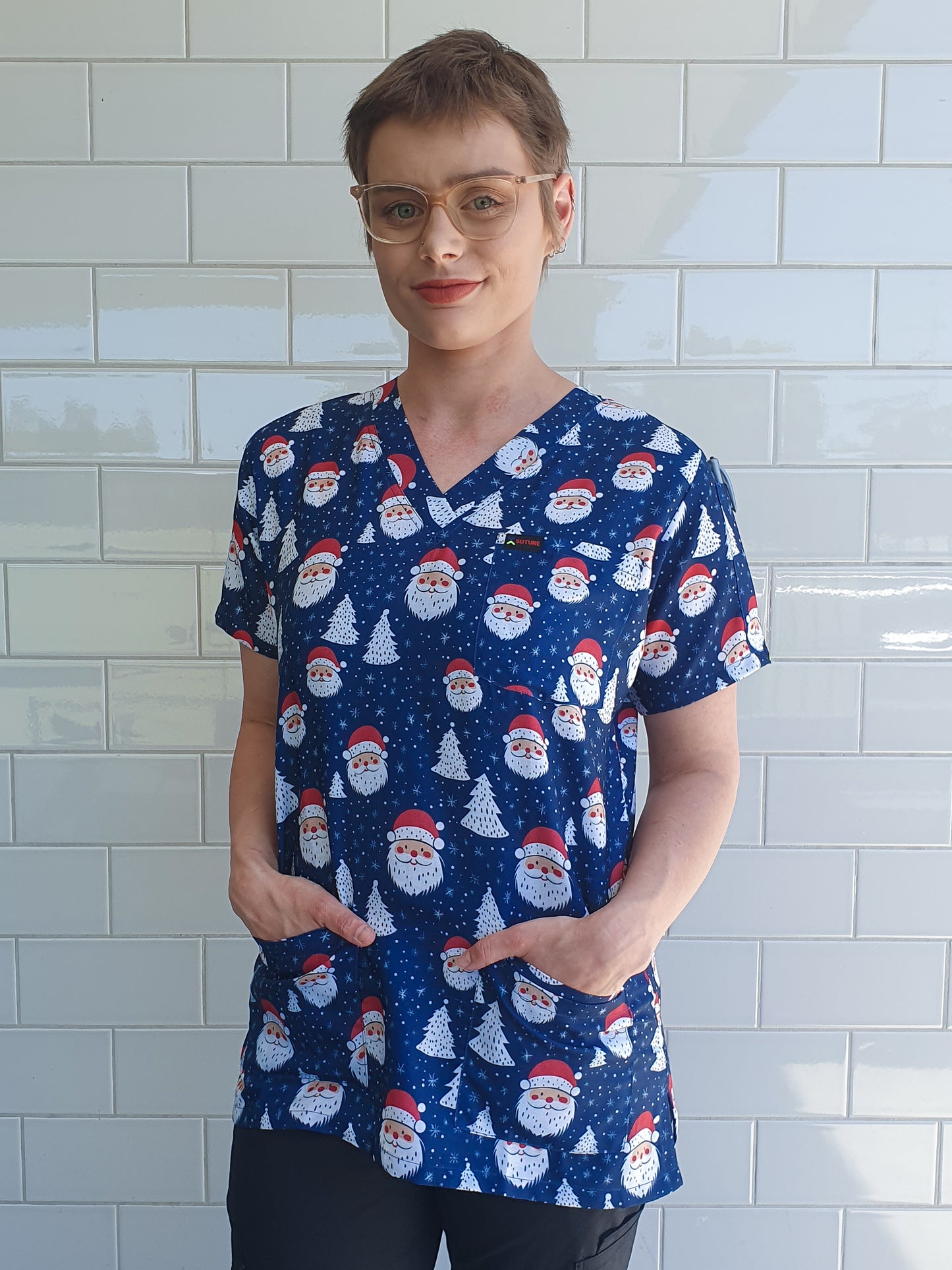 Santa Face Christmas Printed Scrub Top Australia