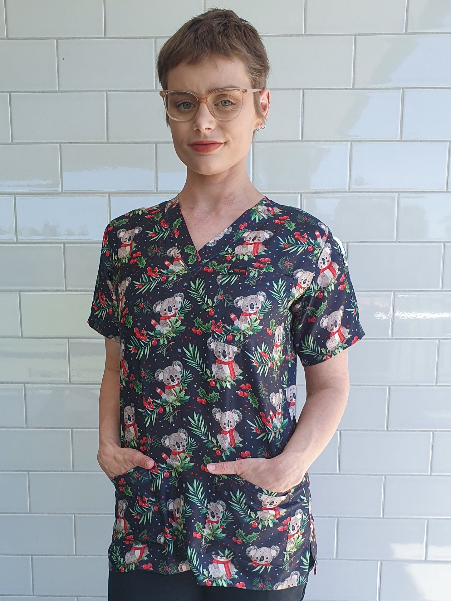 Koala Berry Christmas Printed Fun Scrub Top Australia