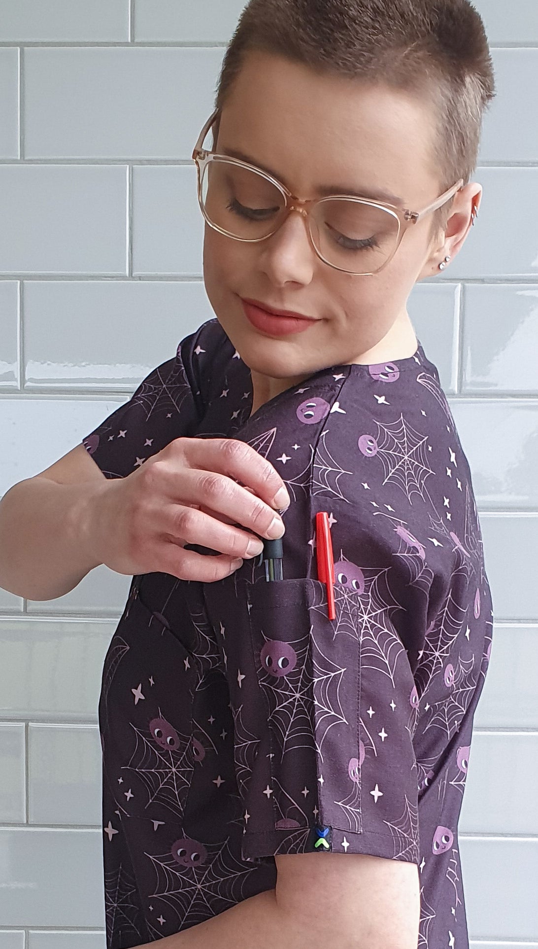 Halloween Printed Scrub Top Spider Web print For Nursing Medical