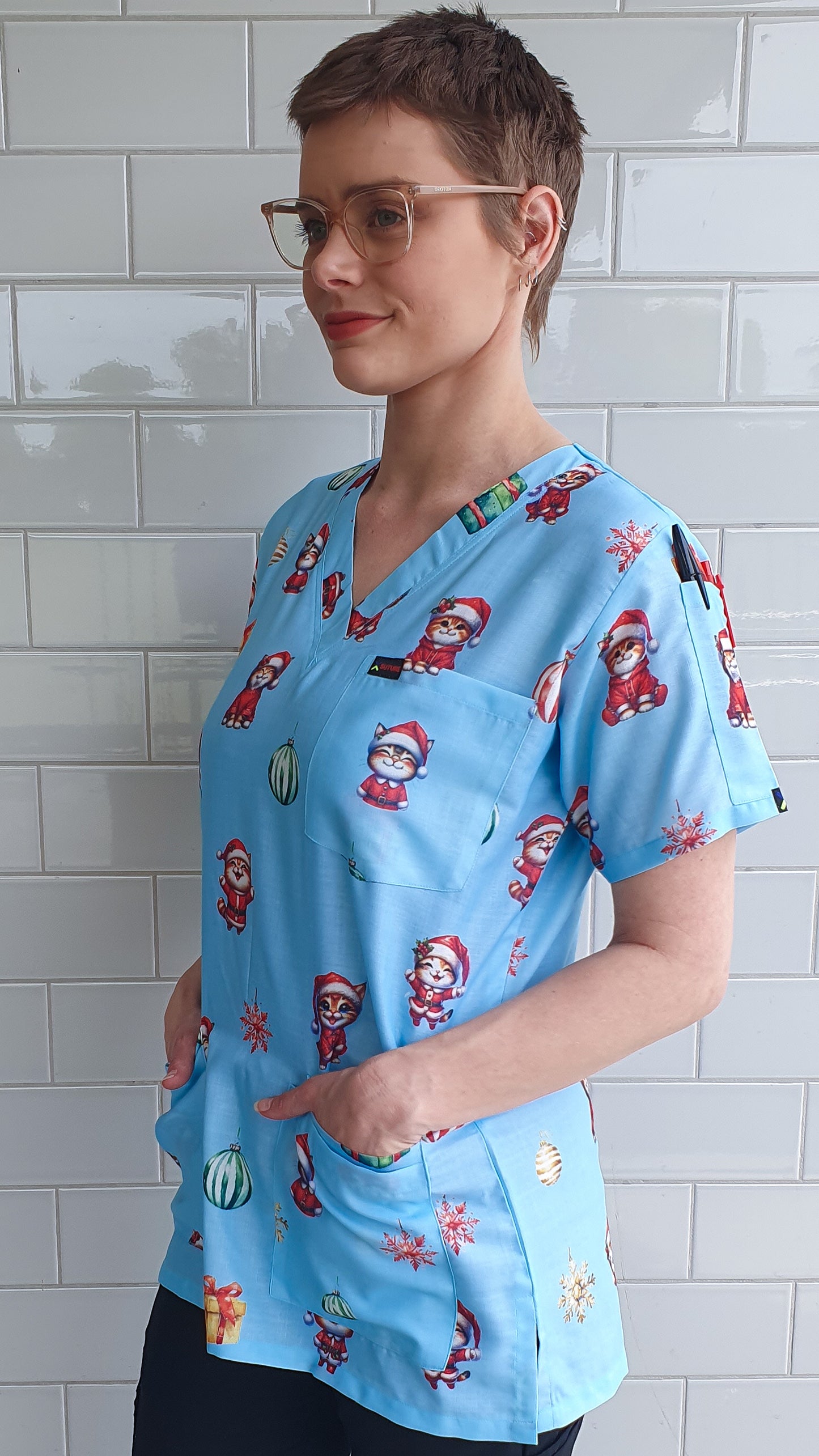 Christmas Cat   Printed Fun  Scrub Top Australia