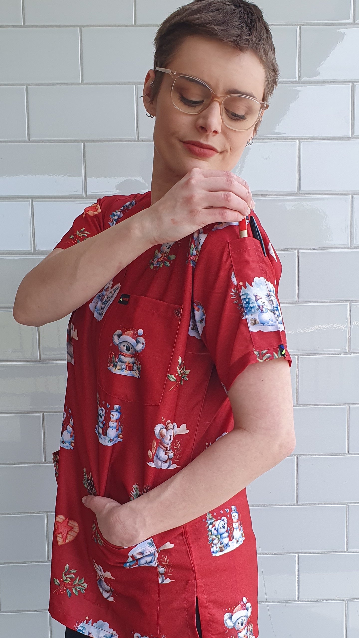 Red Koala Christmas  Printed Fun  Scrub Top Australia