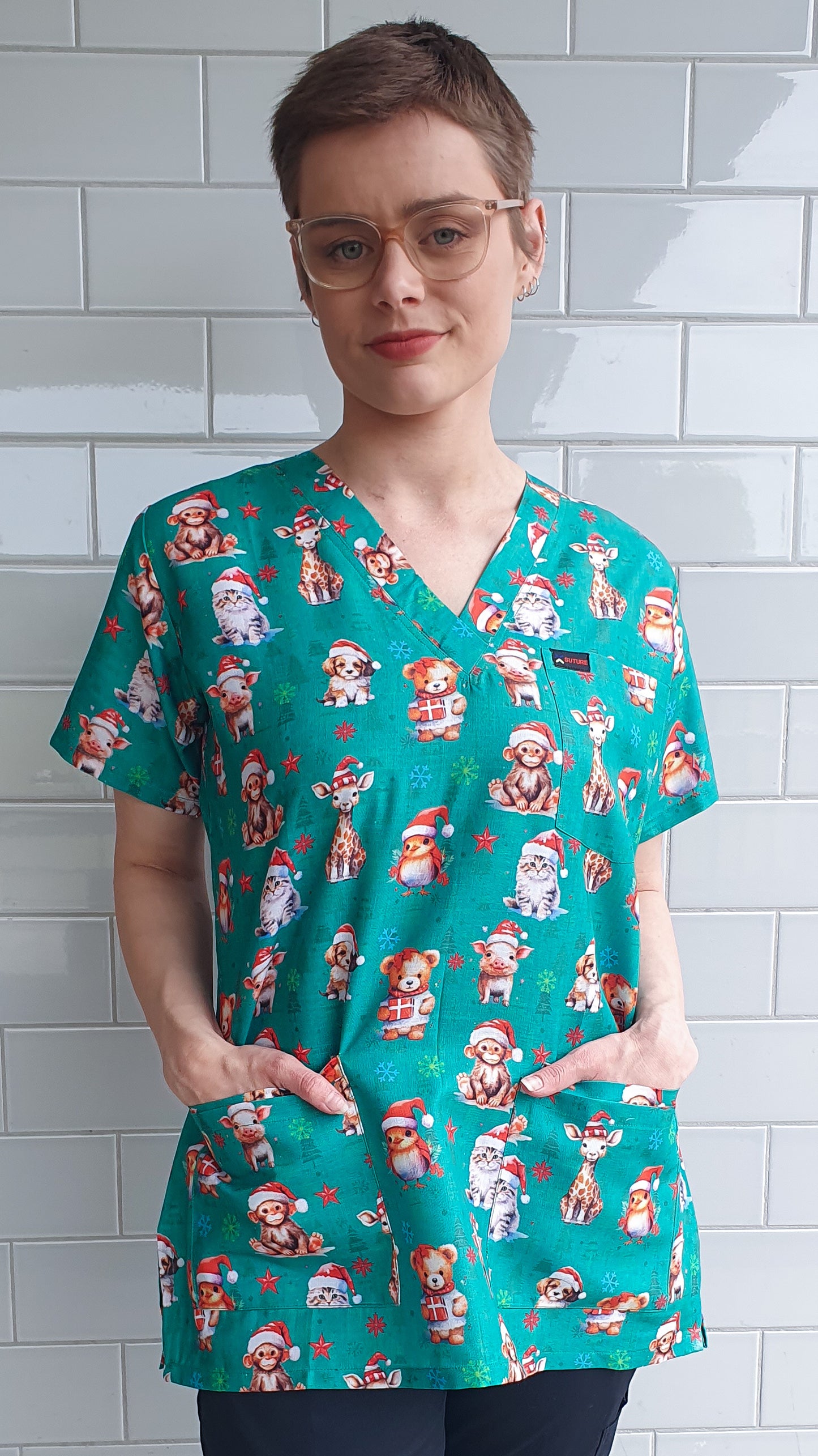 Christmas Animals Pig Dog Cat Monkey Printed Fun  Scrub Top Australia