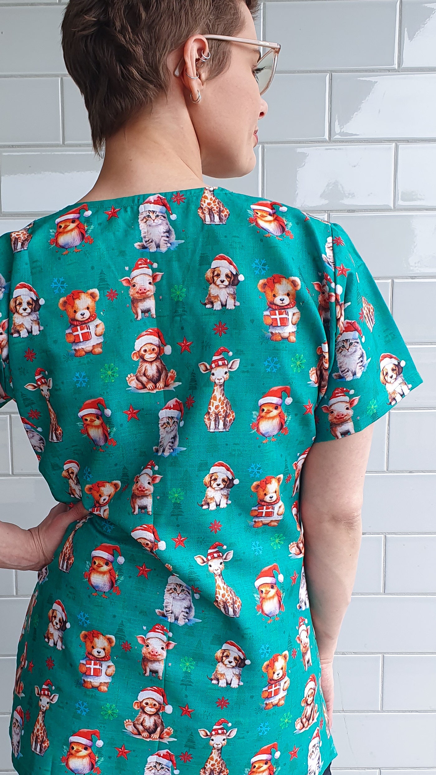 Christmas Animals Pig Dog Cat Monkey Printed Fun  Scrub Top Australia