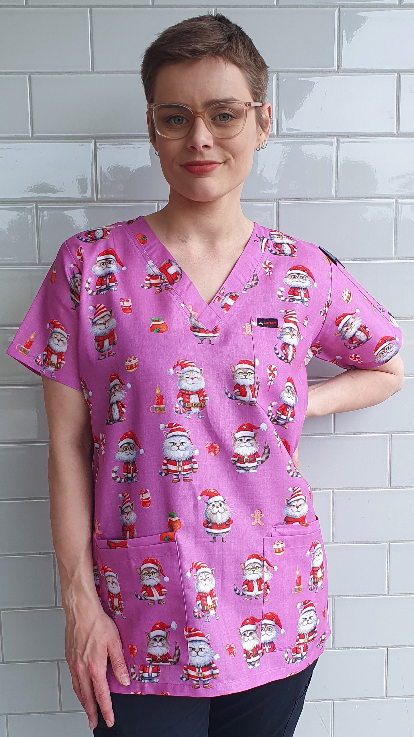 Christmas Cat Printed Christmas Scrub Top Australia