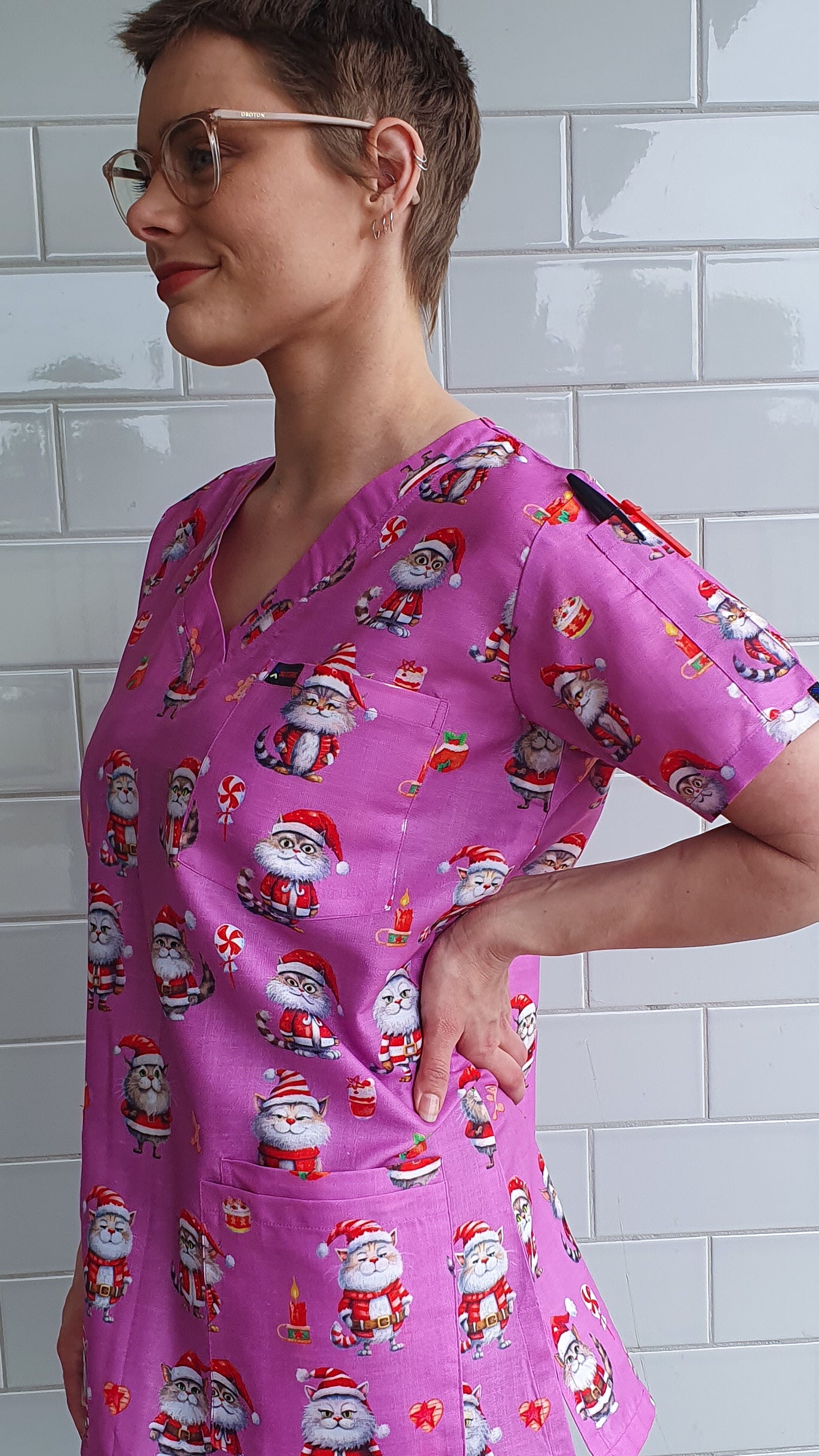 Christmas Cat Printed Christmas Scrub Top Australia