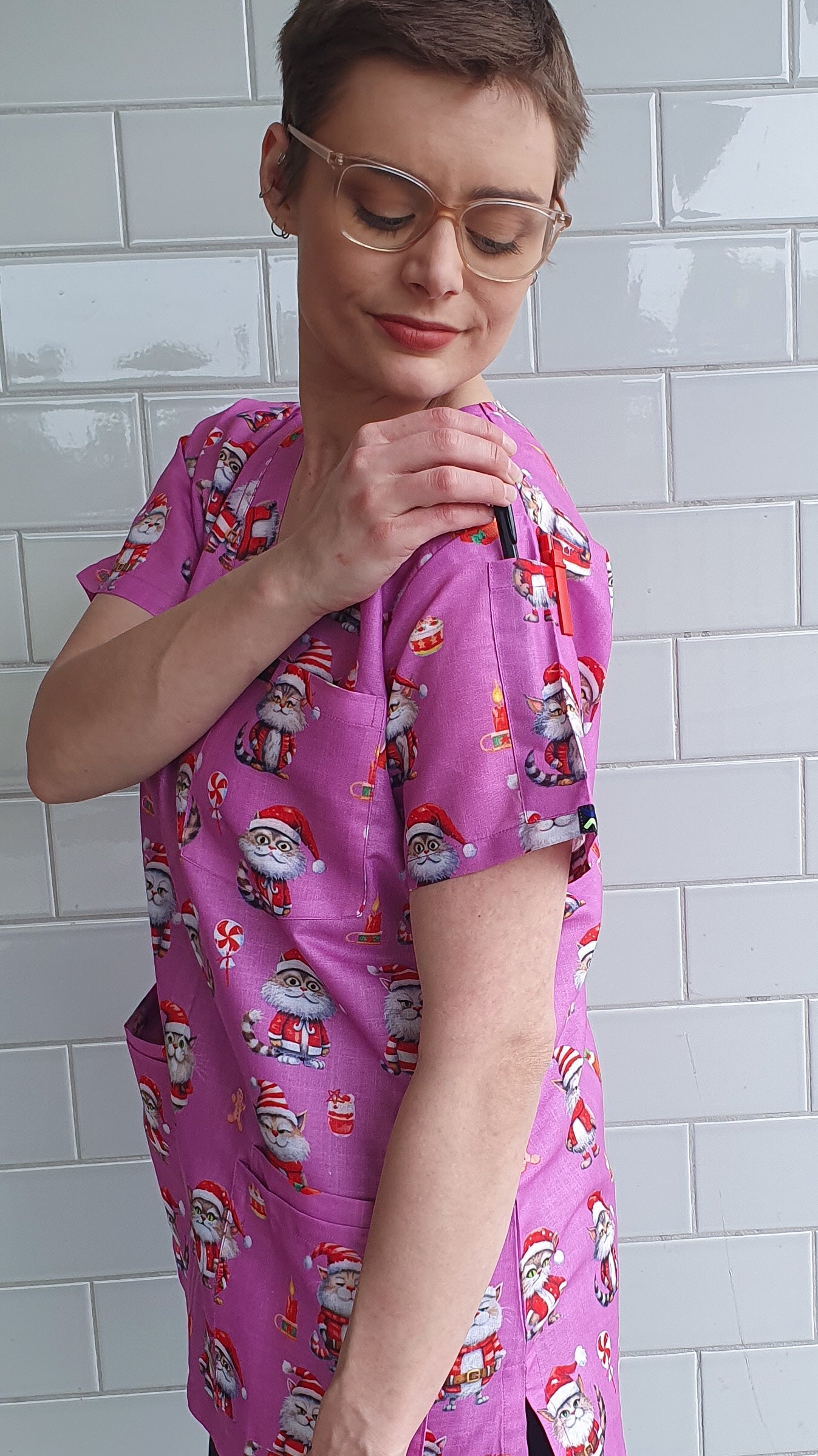 Christmas Cat Printed Christmas Scrub Top Australia
