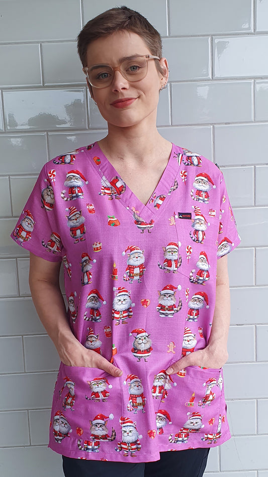 Christmas Cat Printed Christmas Scrub Top Australia