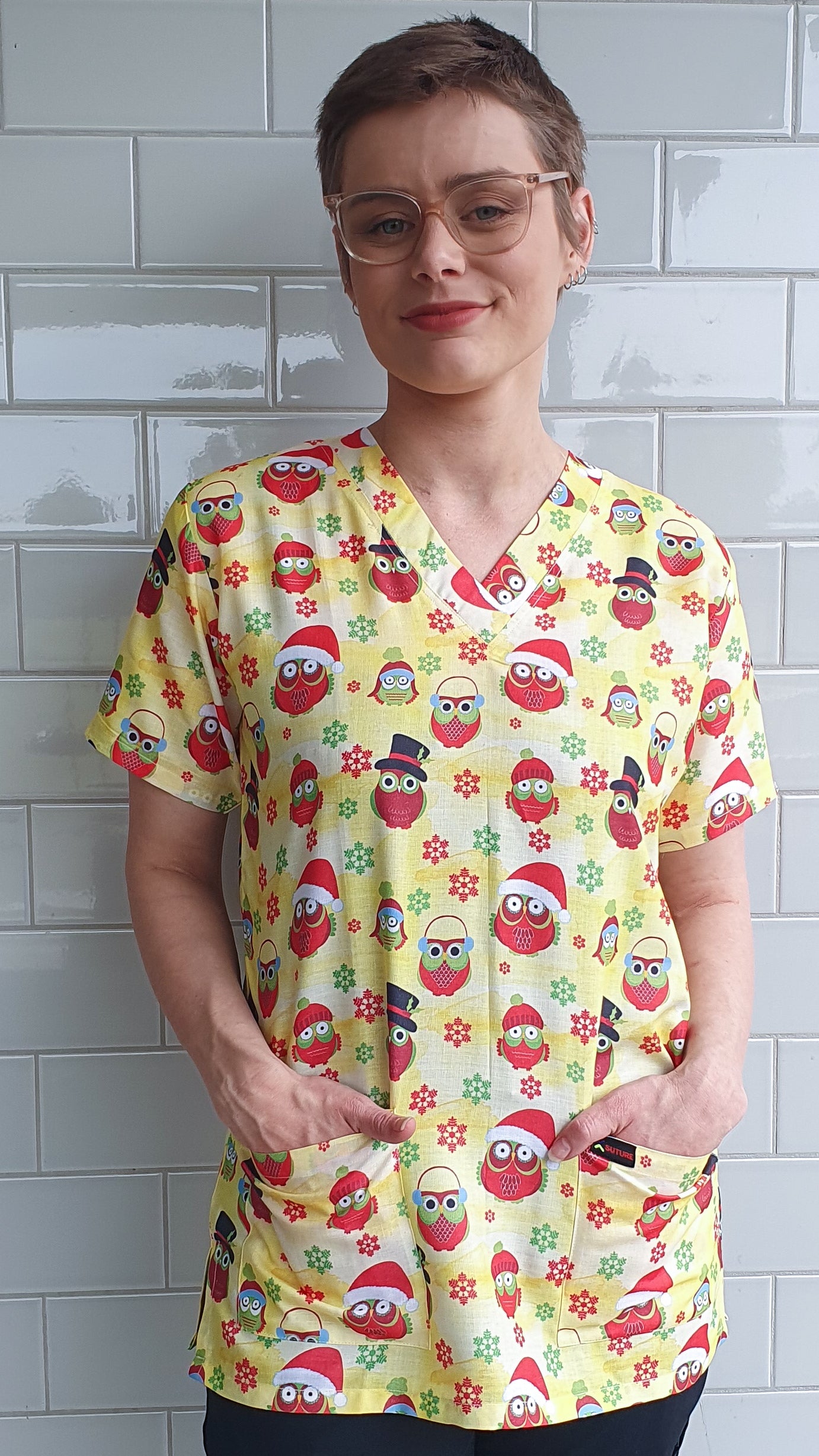 Owl Printed Christmas Scrub Top Australia