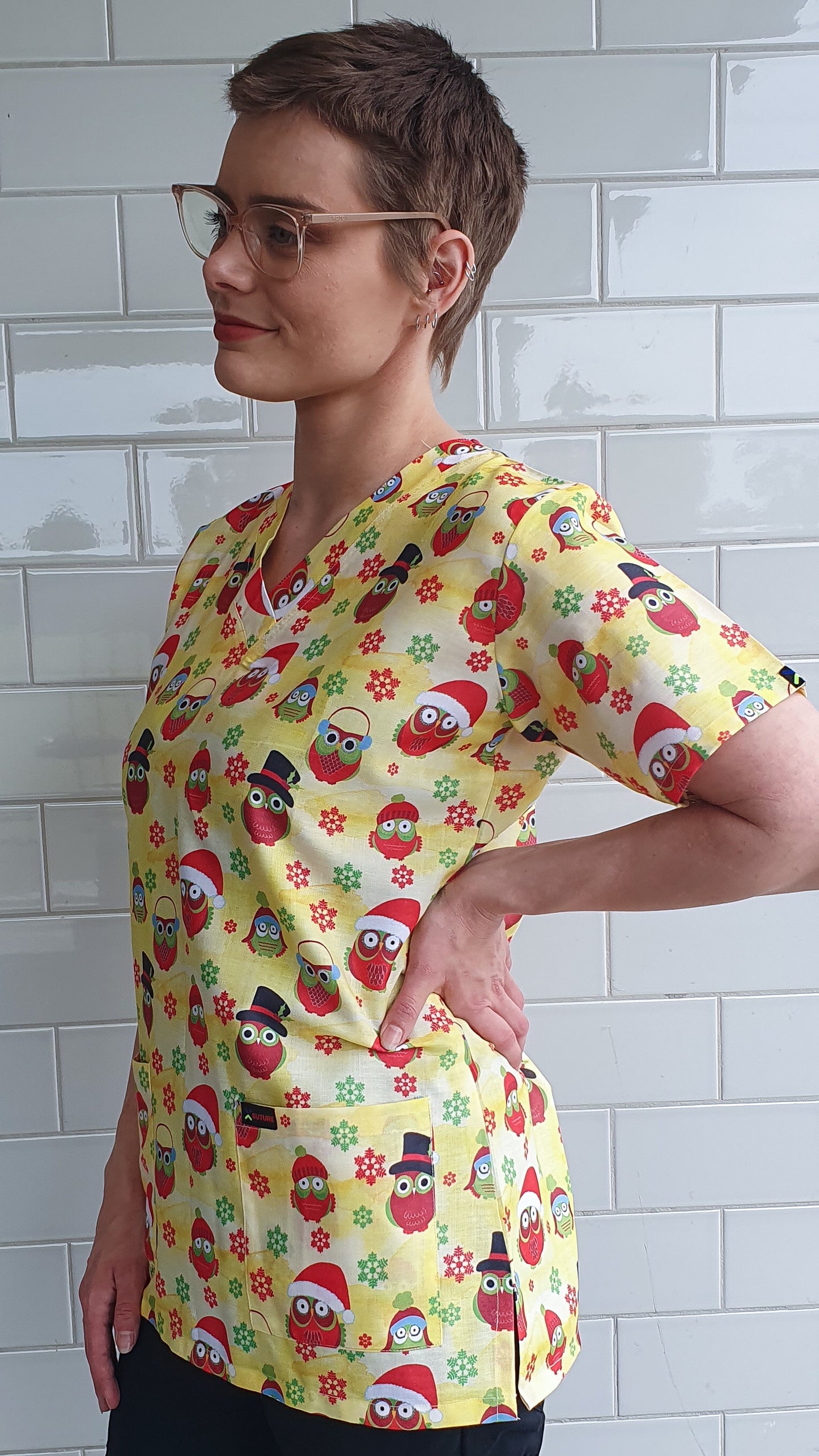 Owl Printed Christmas Scrub Top Australia